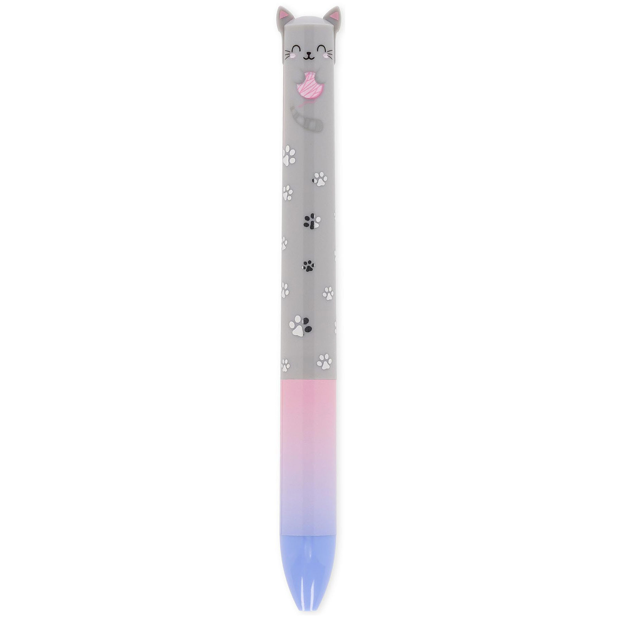 Rosa-blauer Zweifarben-Kugelschreiber im Katzen-Design, senkrecht und vollständig auf weißem Hintergrund dargestellt.