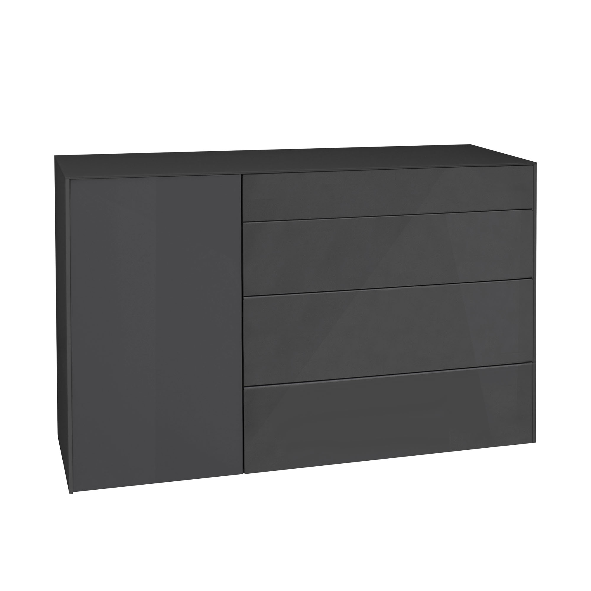 Moderne Kommode in Anthrazit mit vier Schubladen und einer Tür, minimalistisches Design mit glatten Fronten
