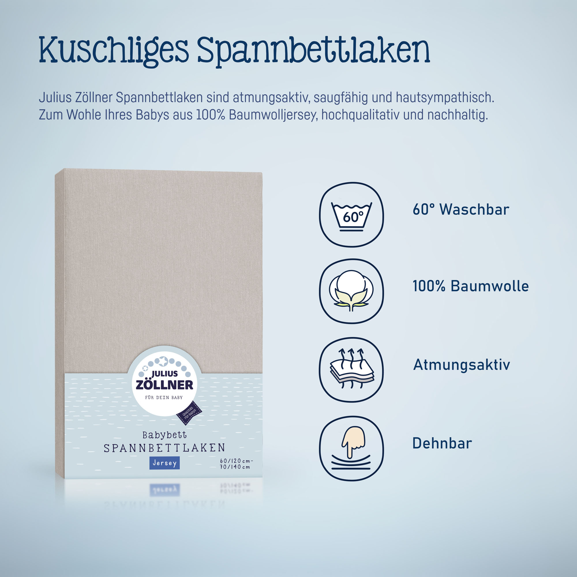 Infografik zum beigen Spannbettlaken mit Symbolen für Waschbarkeit, Baumwolle, Atmungsaktivität und Dehnbarkeit