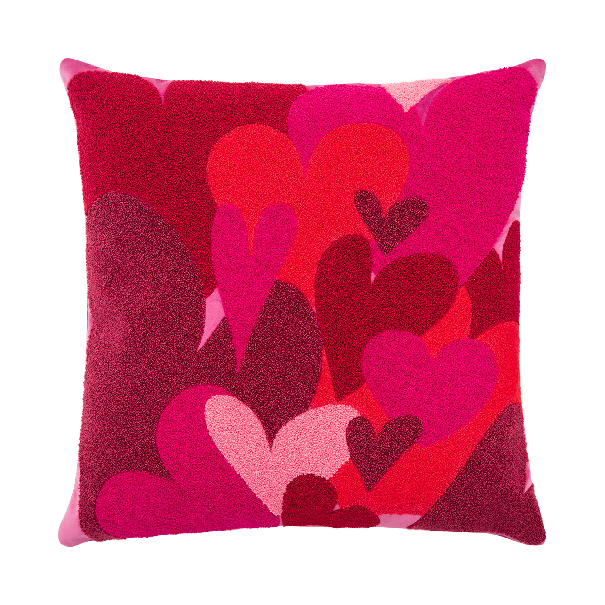 Kissenhülle Hearts Embroidery, 45 × 45 cm, mit großflächigem Herzmuster in Rot-, Pink- und Rosatönen.