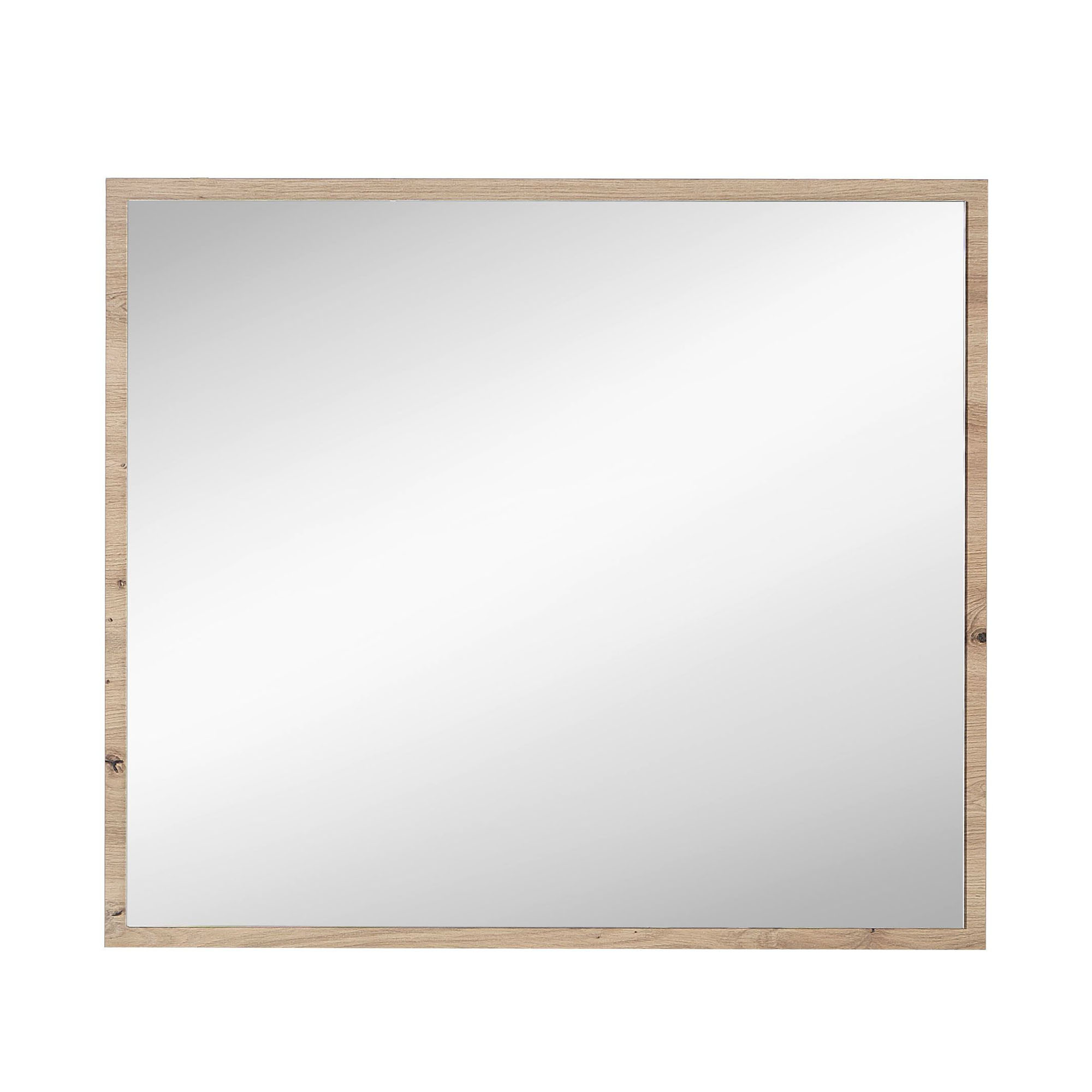 Quadratischer Wandspiegel mit schmalem Rahmen in Holzoptik, frontal vor weißem Hintergrund fotografiert.