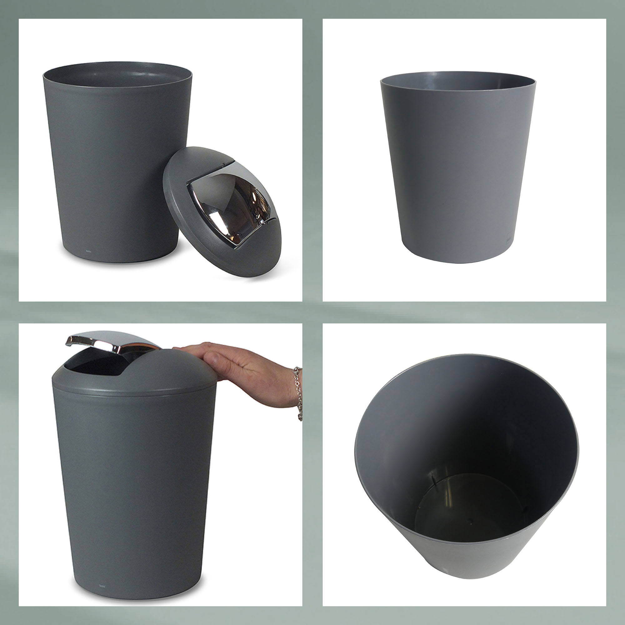 Collage mit Detailansichten von schwarzem Schwingdeckeleimer Deckel Innenraum und abgerundeter Form