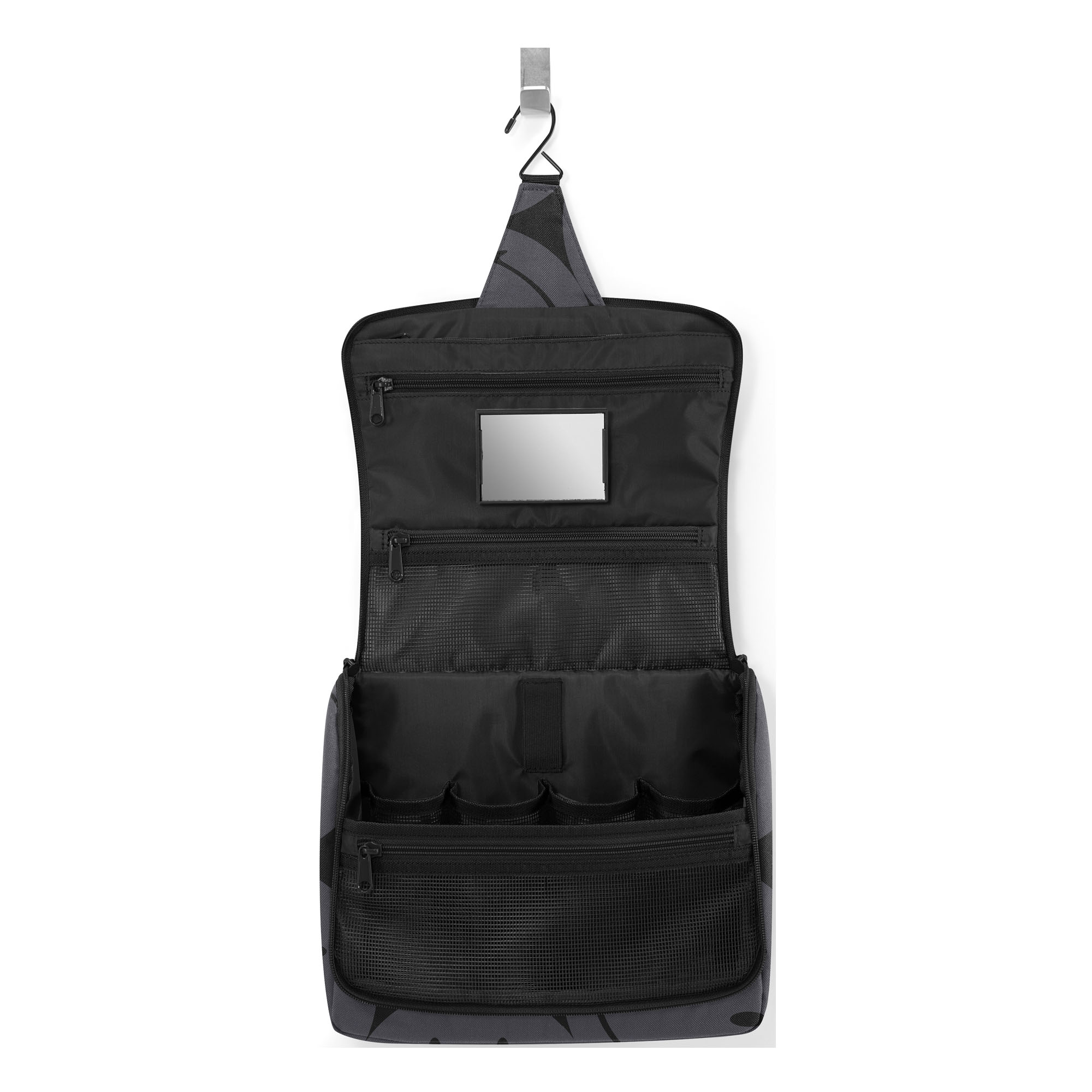 Kulturbeutel von Reisenthel, Modell Toiletbag XL, in Grau mit großflächigem Smiley-Muster, geöffnet und aufgehängt mit Spiegel und mehreren Innenfächern.