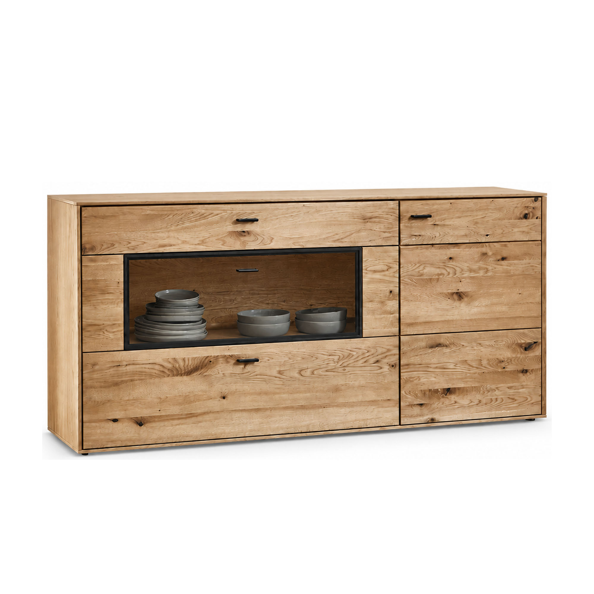 Sideboard aus Holz mit Schubladen, Türen und offenem Fach auf weißem Hintergrund