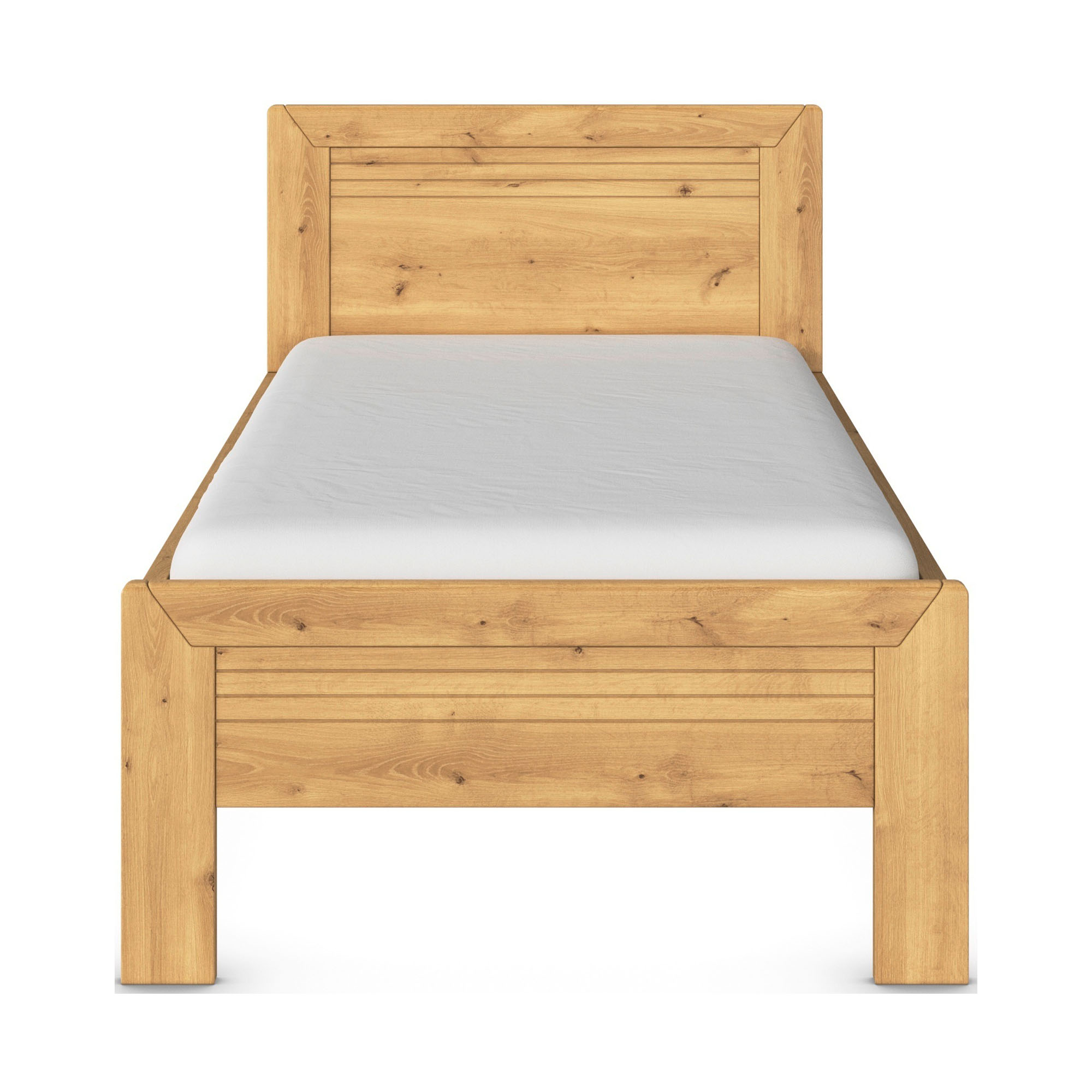 Frontansicht eines Massivholz-Einzelbett in Eicheoptik mit Kopf- und Fußteil in rechteckiger Form