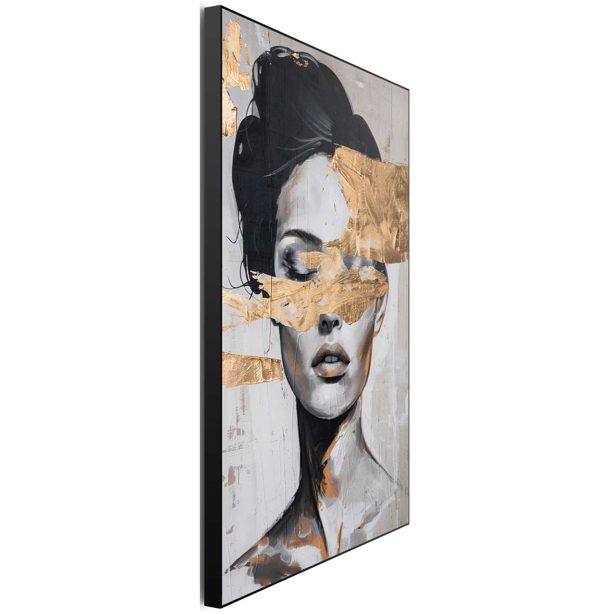 Seitliche Schrägansicht des Wandbilds „Stylish Lady Gold“, 60 × 90 cm; Profil, Kante und Tiefe des Bildes sind erkennbar.