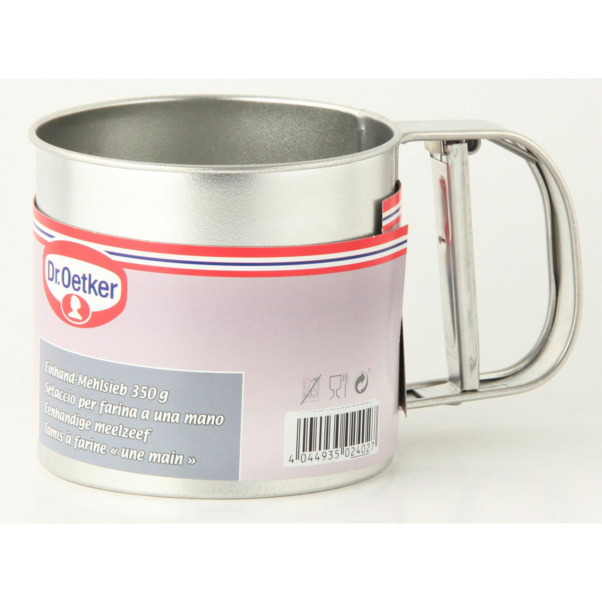Mehlsieb aus Edelstahl mit Verpackung und Produktinformationen auf der Rückseite
