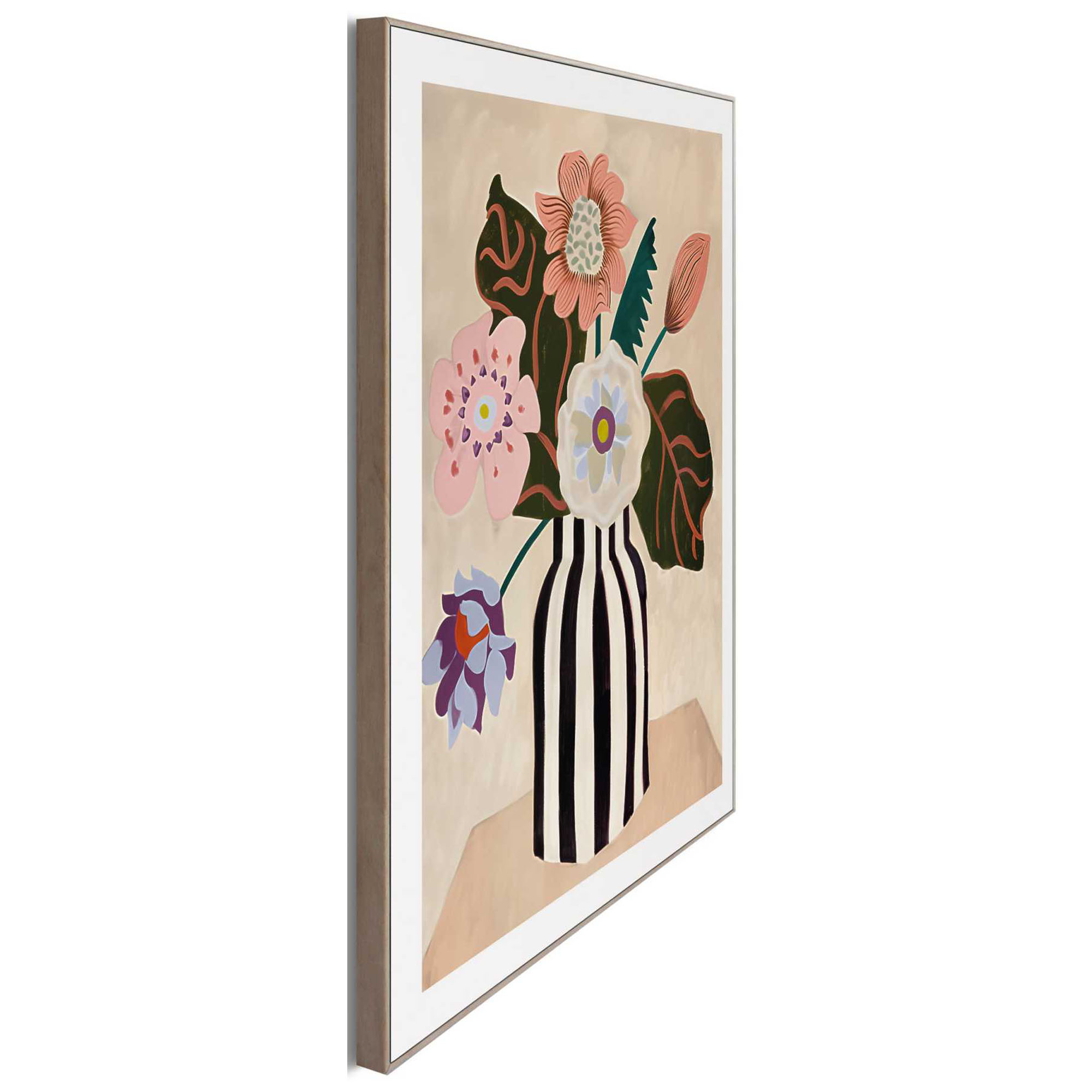 Seitliche Schrägansicht des Wandbilds „Funky Vase“, 40 × 50 cm; Profil, Kante und Tiefe des Bildes sind erkennbar.