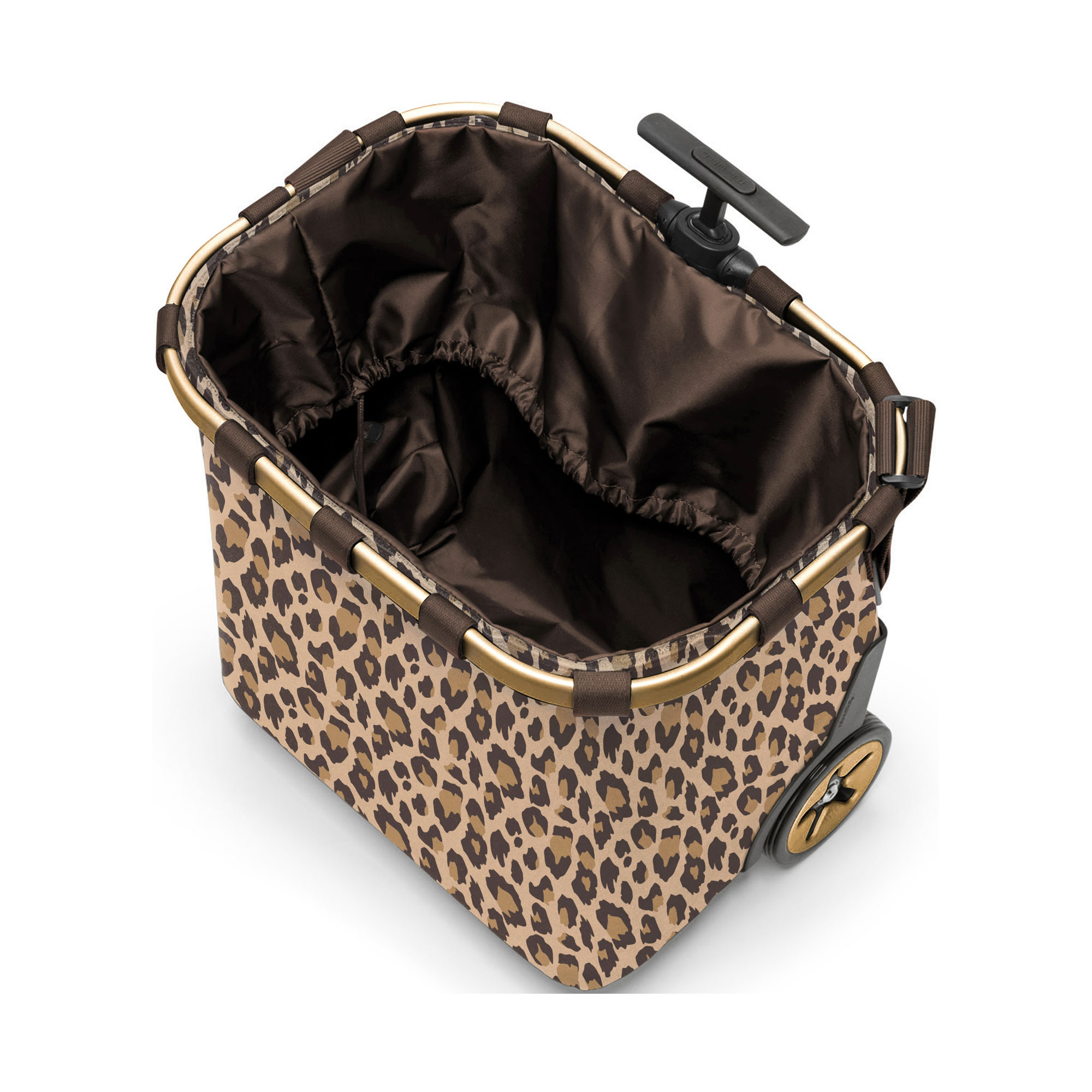 Einkaufstrolley von Reisenthel, Modell Carrycruiser, in Beige und Braun mit Leopardenmuster und braun-goldfarbenen Rahmendetails, von oben mit geöffnetem Innenbeutel.