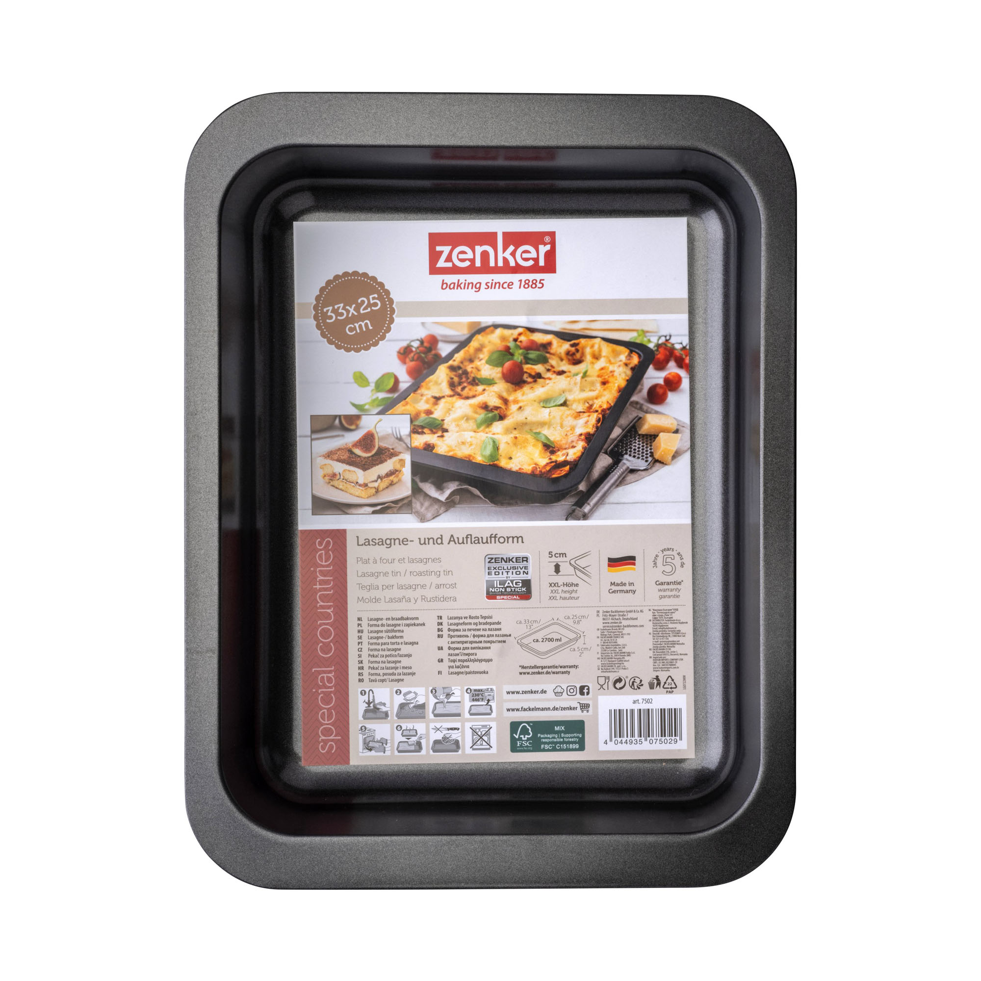 Auflaufform mit Verpackung und Abbildung einer Lasagne als fertiges Gericht