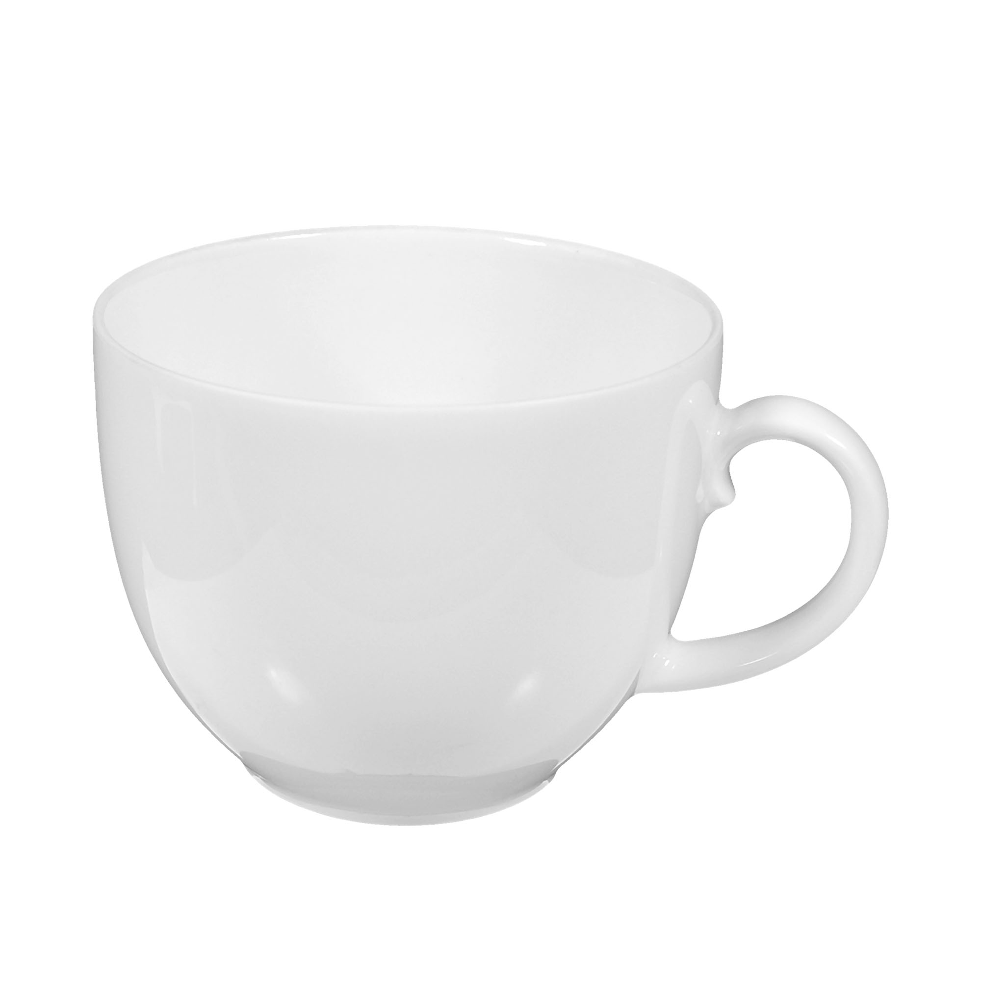 Tasse in Weiß. Darstellung: schräge Ansicht mit Henkel. Merkmale: bauchige Form mit rundem Henkel.