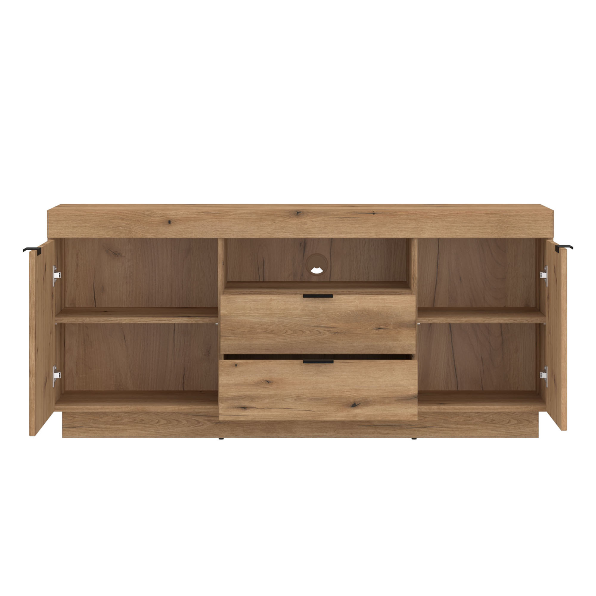 Geöffnetes Delamar TV-Lowboard in Eiche Artisan mit zwei Türen, zwei Schubladen, offenem Gerätefach und mehreren Ablageflächen für Multimedia und Wohnzubehör