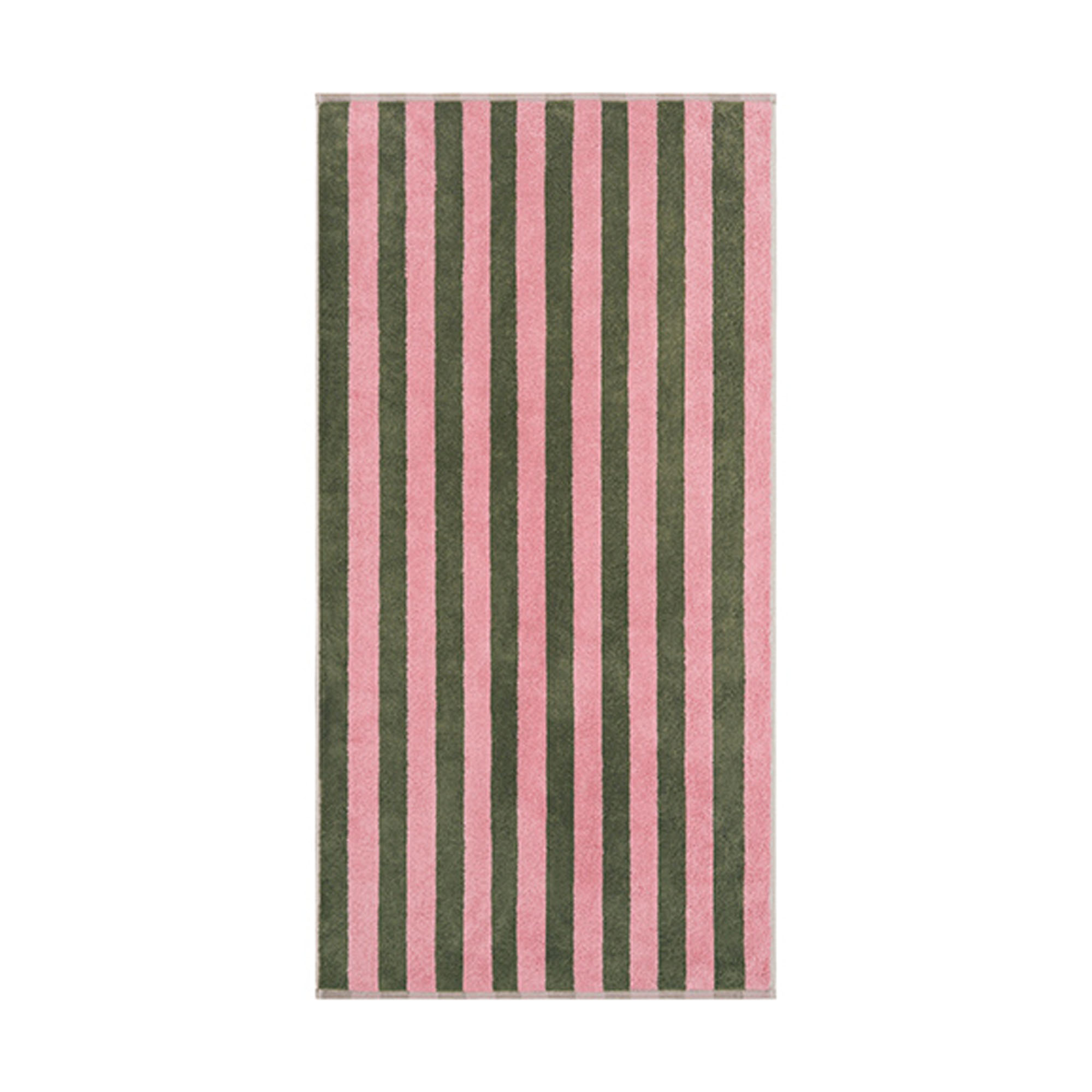 Handtuch mit breiten vertikalen Streifen in Oliv und Rosa, flach und vollständig auf weißem Hintergrund gezeigt.