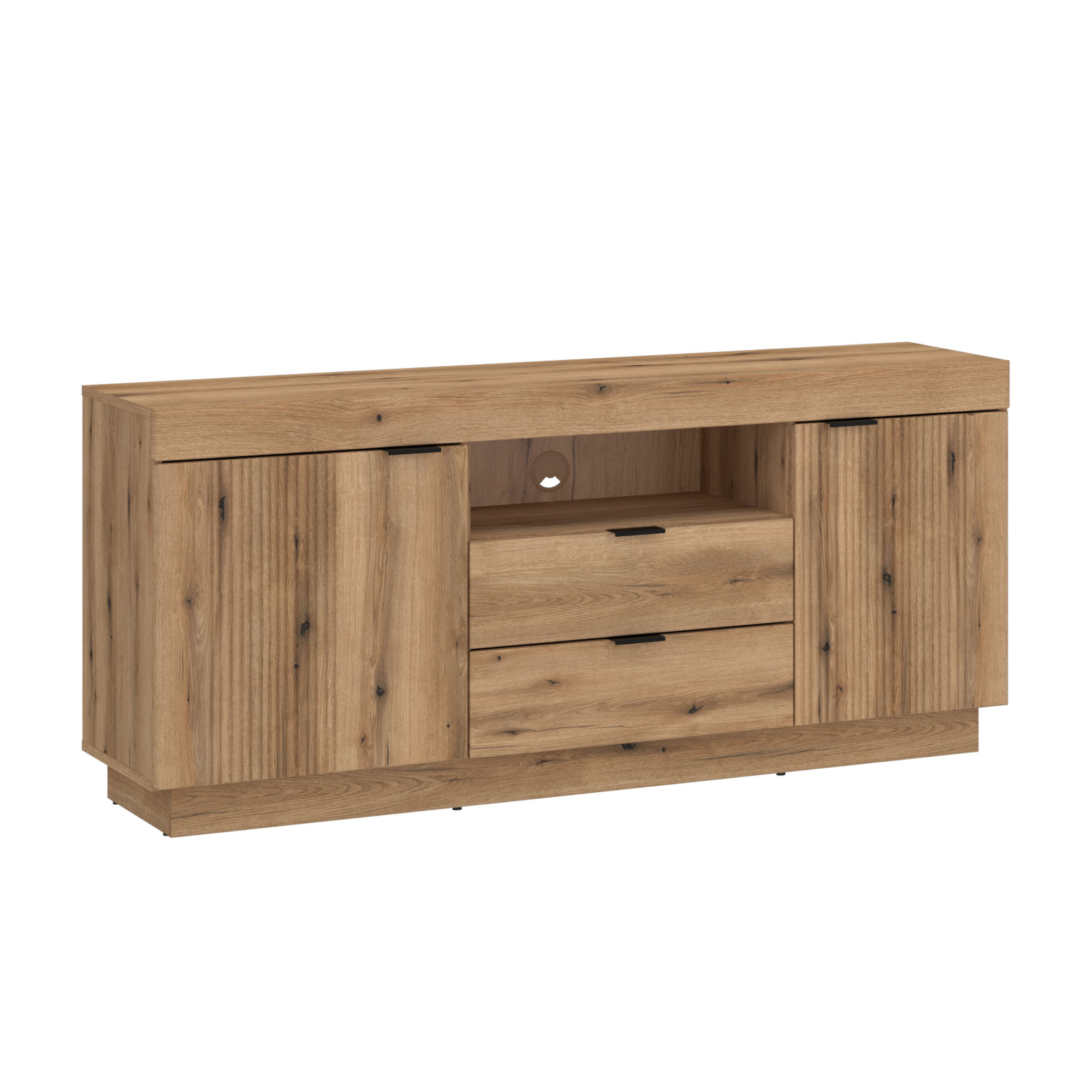 Modernes Sideboard Delamar in Eiche Artisan mit zwei Türen, drei Schubladen und dekorativer Lamellenoptik