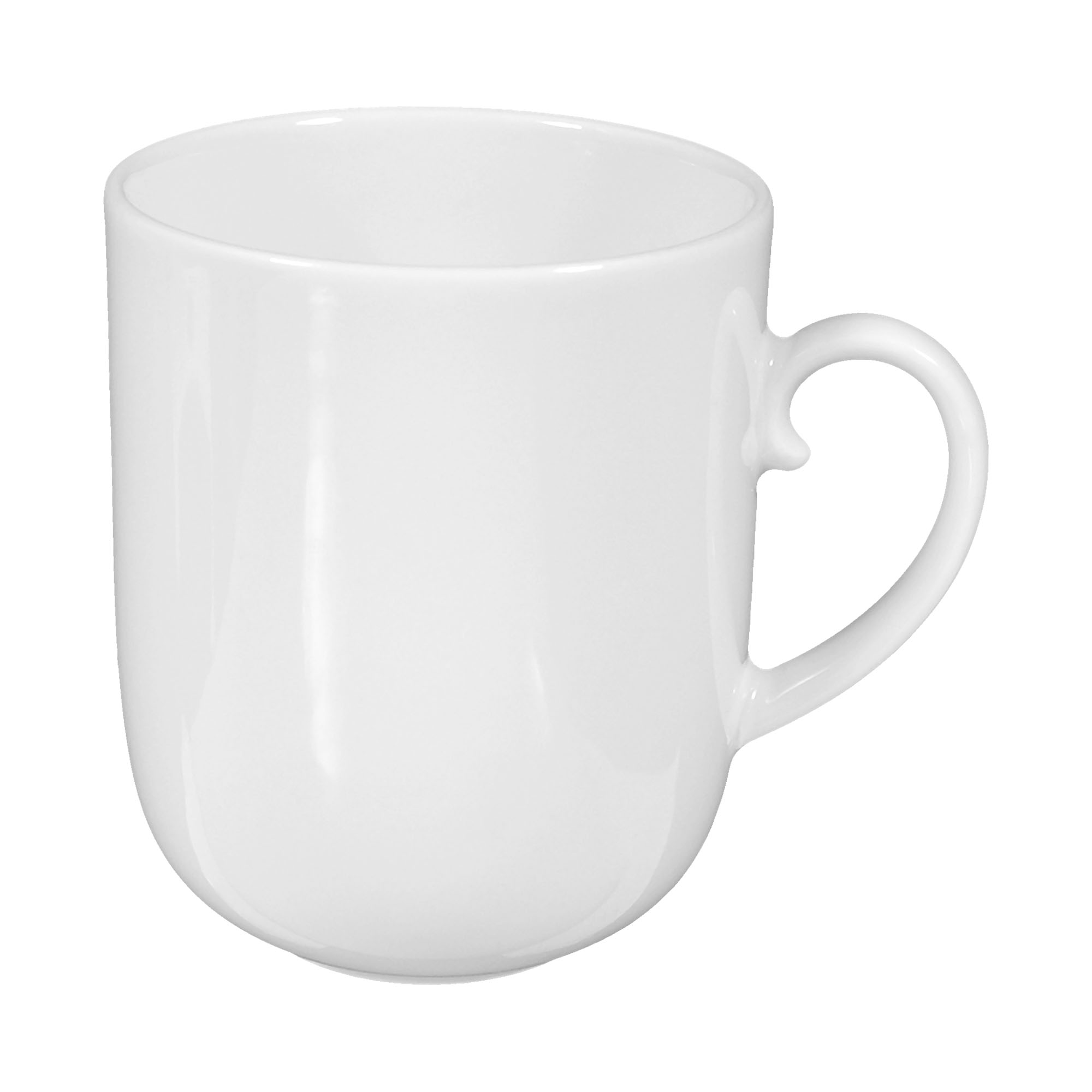 Becher in Weiß. Sichtbare Merkmale: hoch, zylindrisch und mit rundem Henkel. Darstellung: schräge Ansicht mit Henkel.