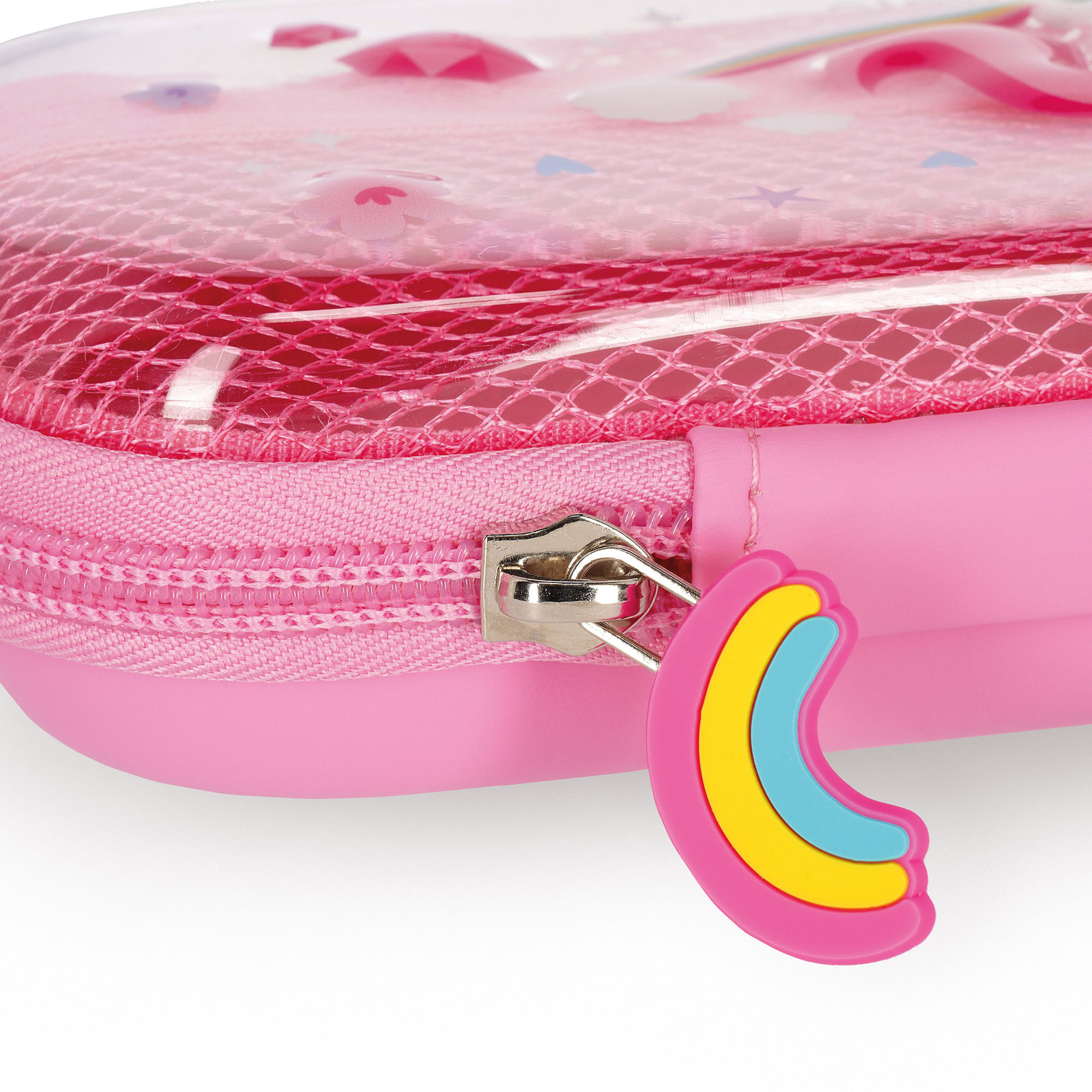 Rosa Federmäppchen im Einhorn-Design, in Nahaufnahme mit Regenbogen-Reißverschlussanhänger gezeigt.