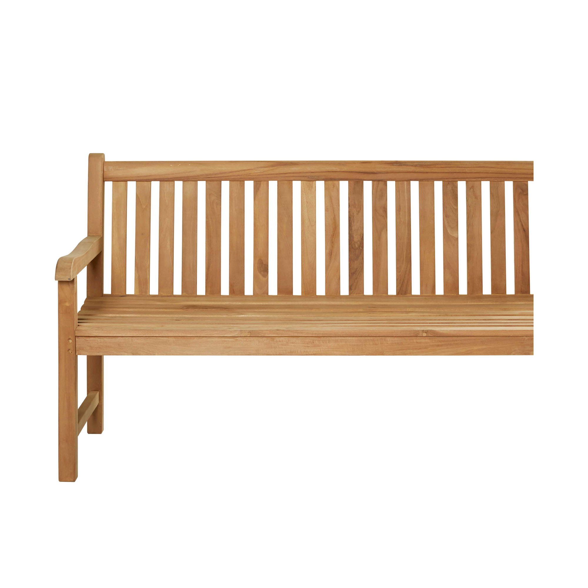 Seitenansicht einer Holzbank aus Holz mit Rückenlehne und Armlehne