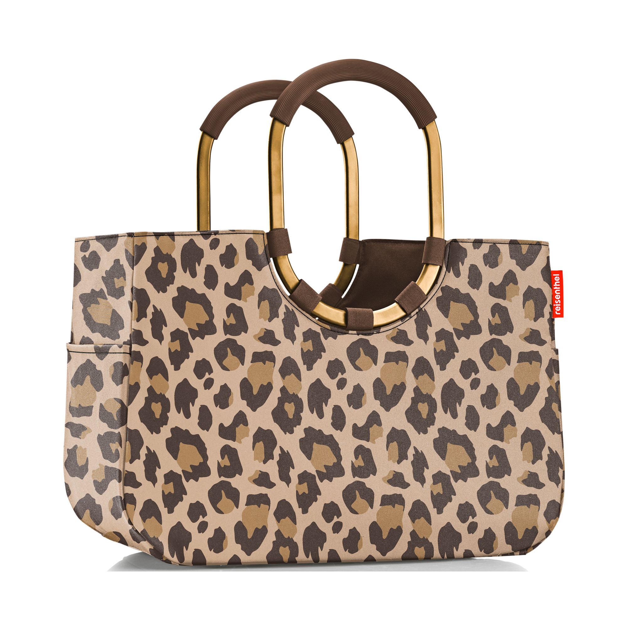 Beige Reisenthel Shopper mit Leopardenmuster und goldfarbenen ovalen Tragegriffen