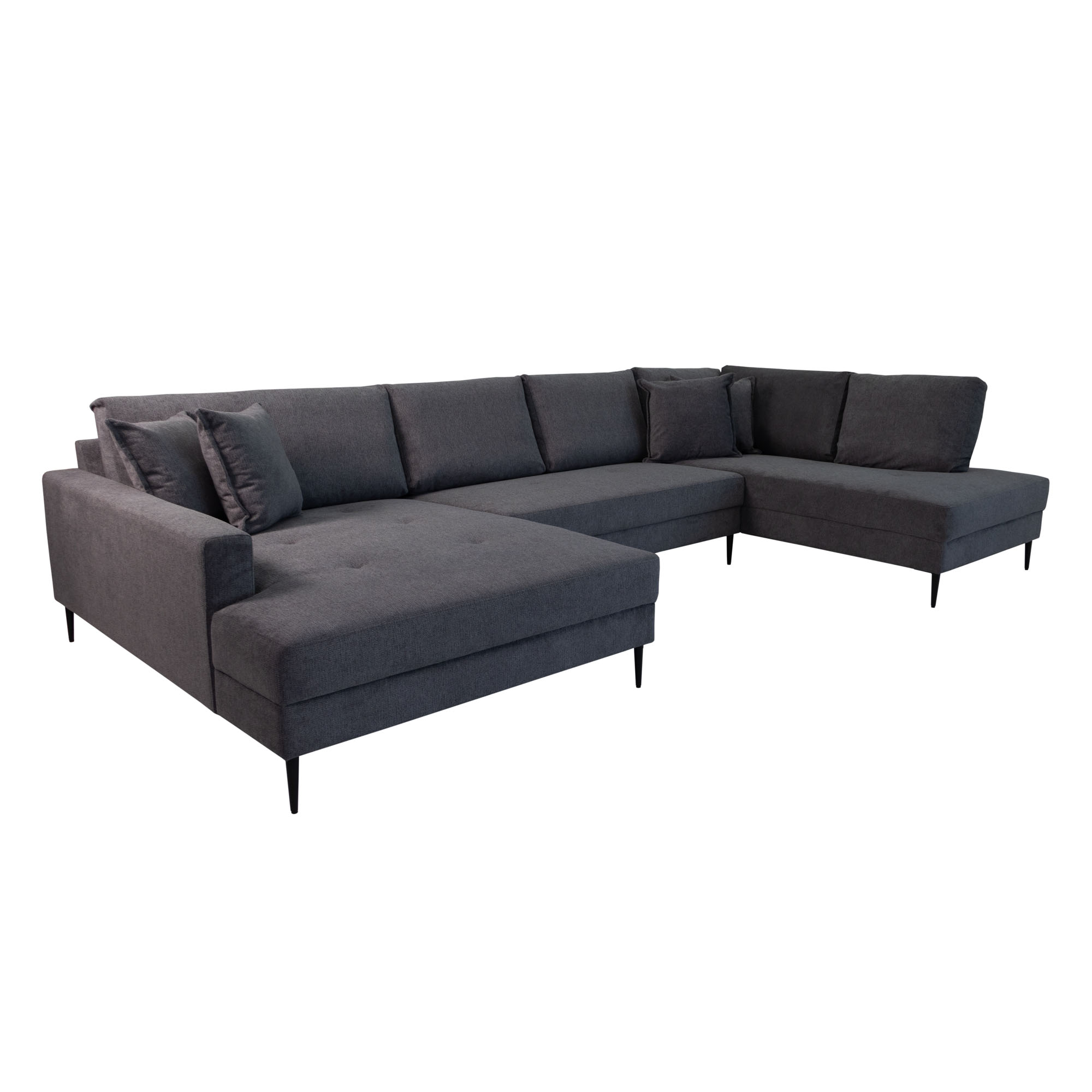 Freigestelltes U-Sofa in Anthrazit aus seitlicher Perspektive mit breiter mittlerer Sitzfläche, zwei Liegebereichen, Rückenkissen und Zierkissen