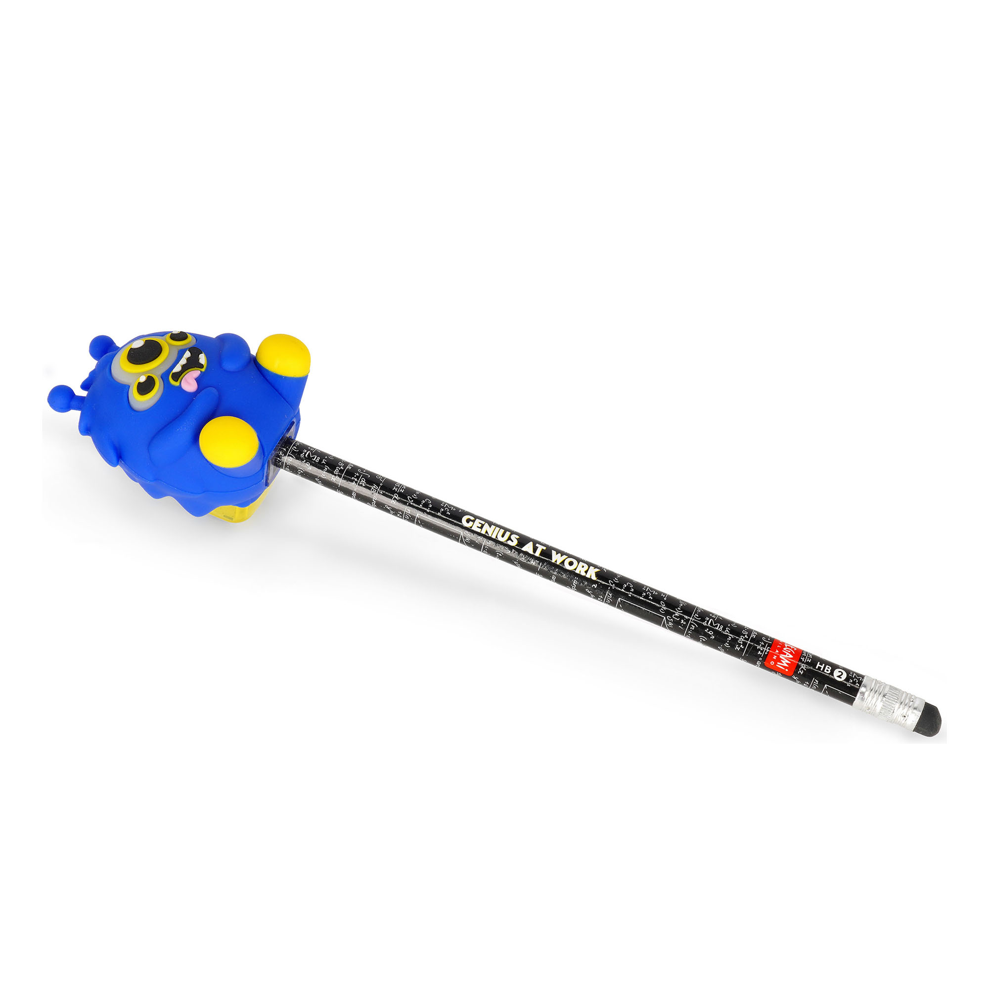 Blauer Leuchtstift mit Monster-Spitzerbehälter, als vollständiger Stift mit schwarzem Schaft diagonal dargestellt.