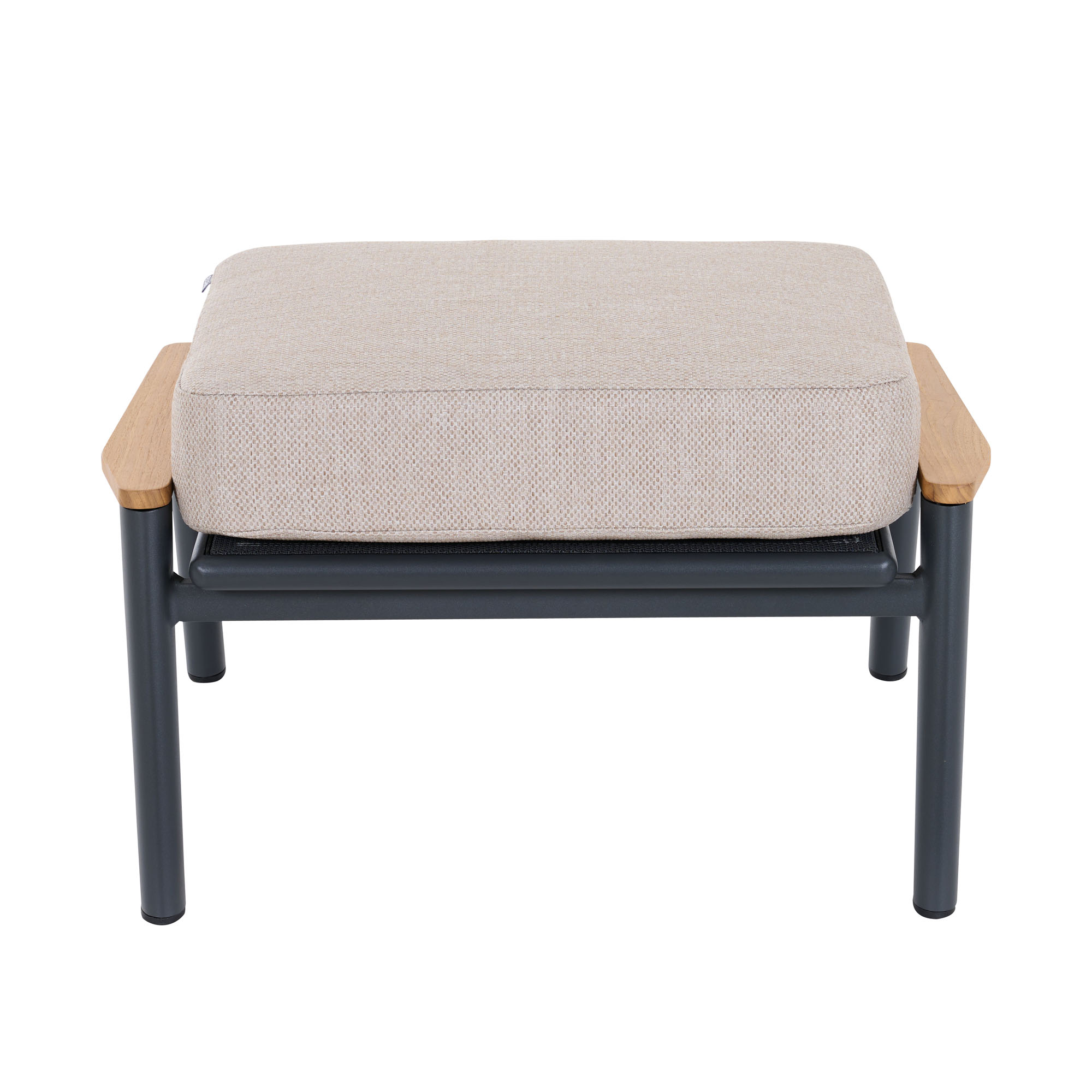 Gartenhocker mit schlichten Linien, Holzapplikationen und wetterfestem Polster in hellem Beige.