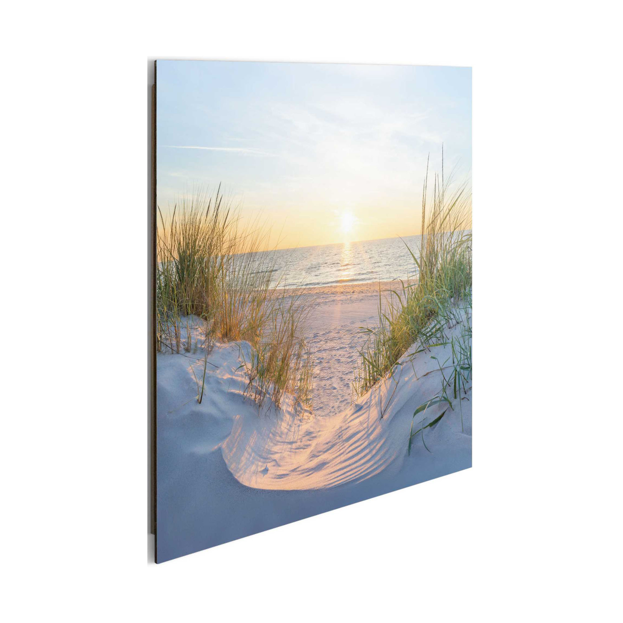 Seitliche Schrägansicht des Wandbilds „Golden Hour“, 40 × 50 cm; Profil, Kante und Tiefe des Bildes sind erkennbar.