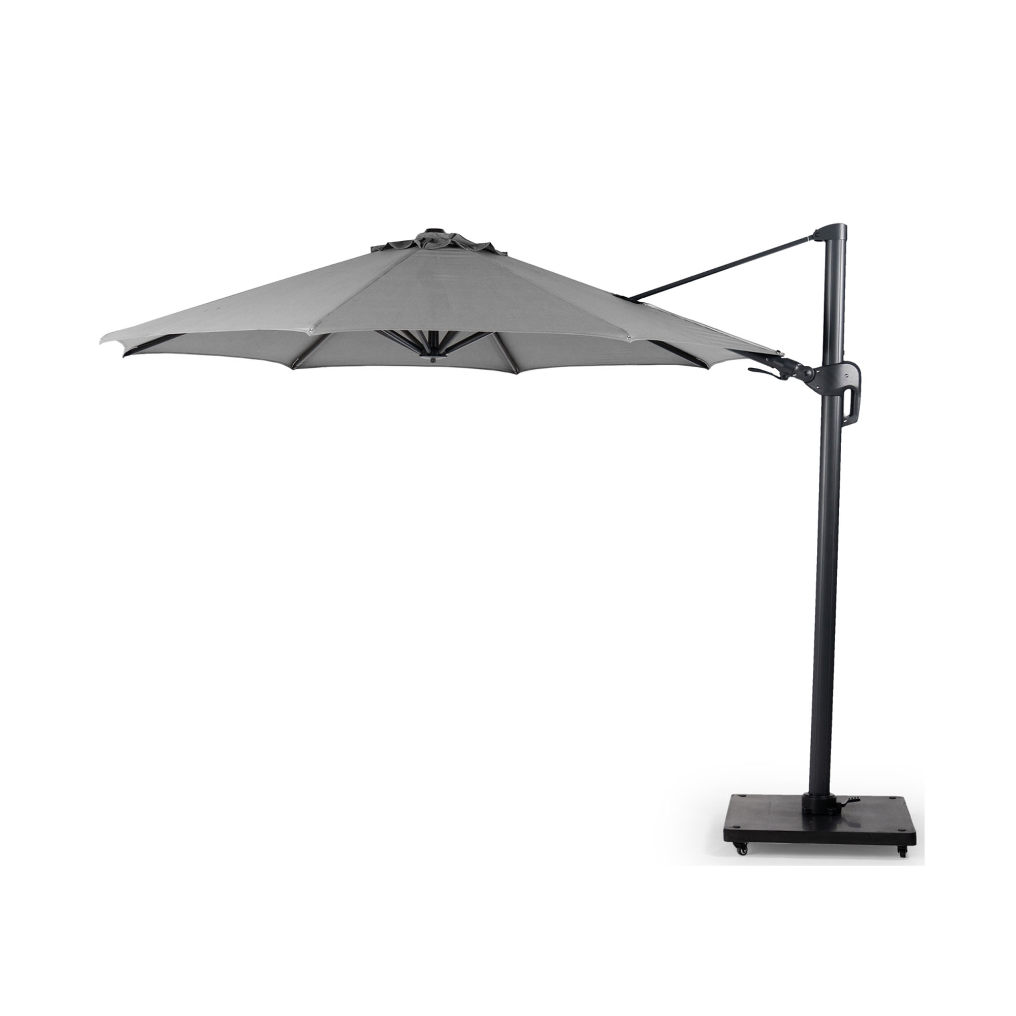 Sonnenschirm mit Gestell in Charcoal-Farbe und Schirm in Light Grey, aufgespannt