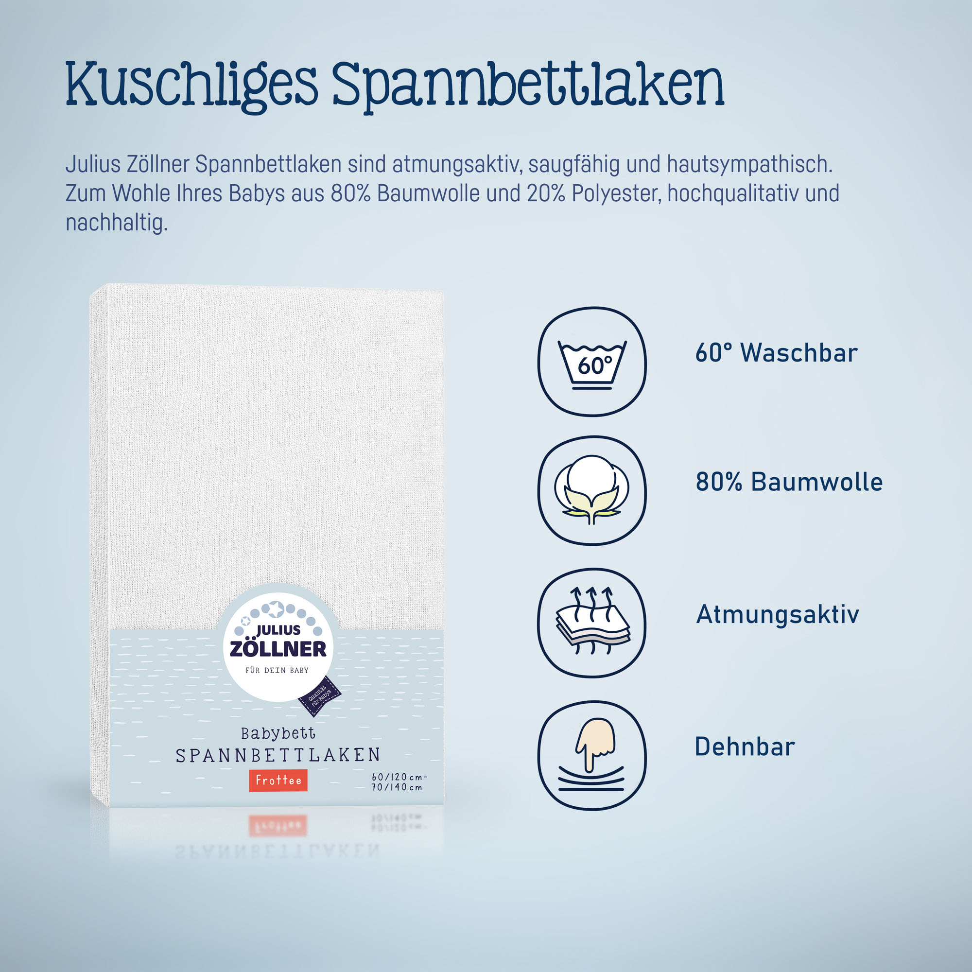 Verpacktes weißes Julius Zöllner Spannbettlaken mit grafischen Symbolen zu 60° Waschbarkeit, 100 % Baumwolle, Atmungsaktivität und Dehnbarkeit