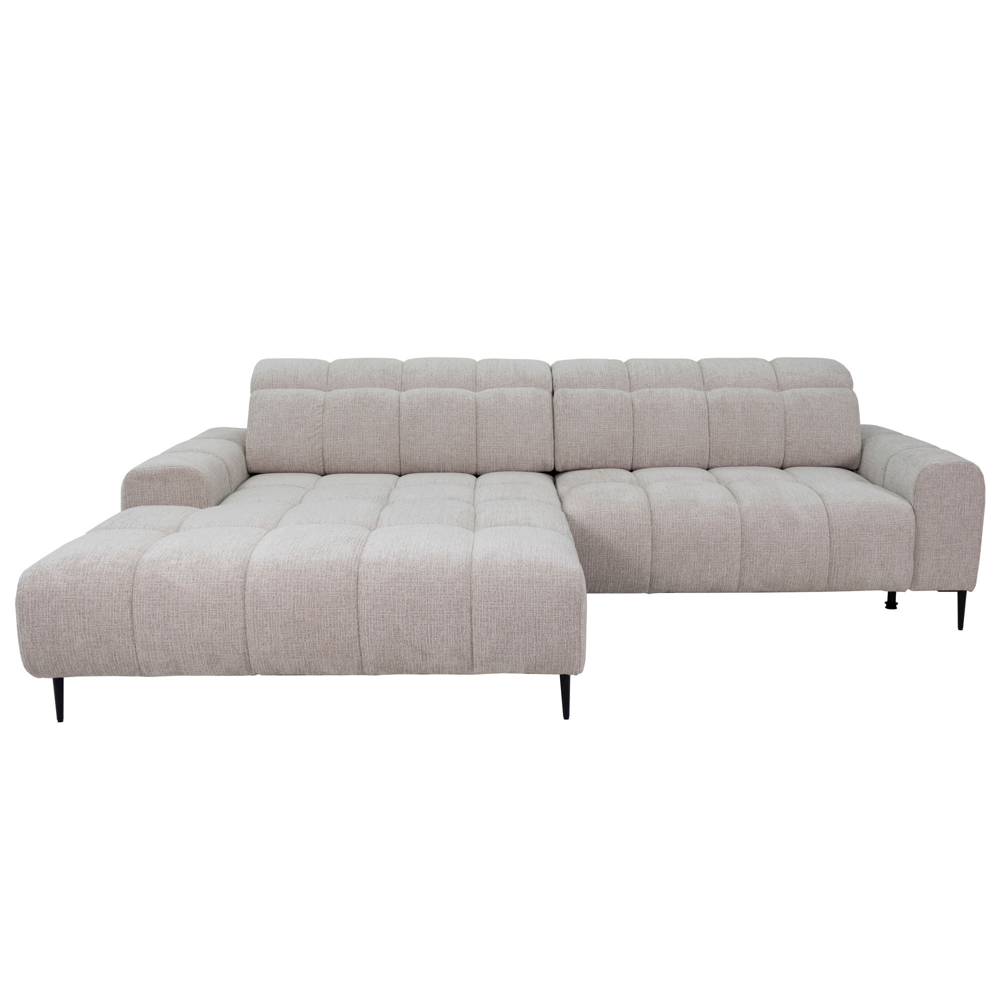 Frontalansicht des Ecksofas im Bezug B831 Kansas 5 linen mit breiter Ottomane auf der linken Seite