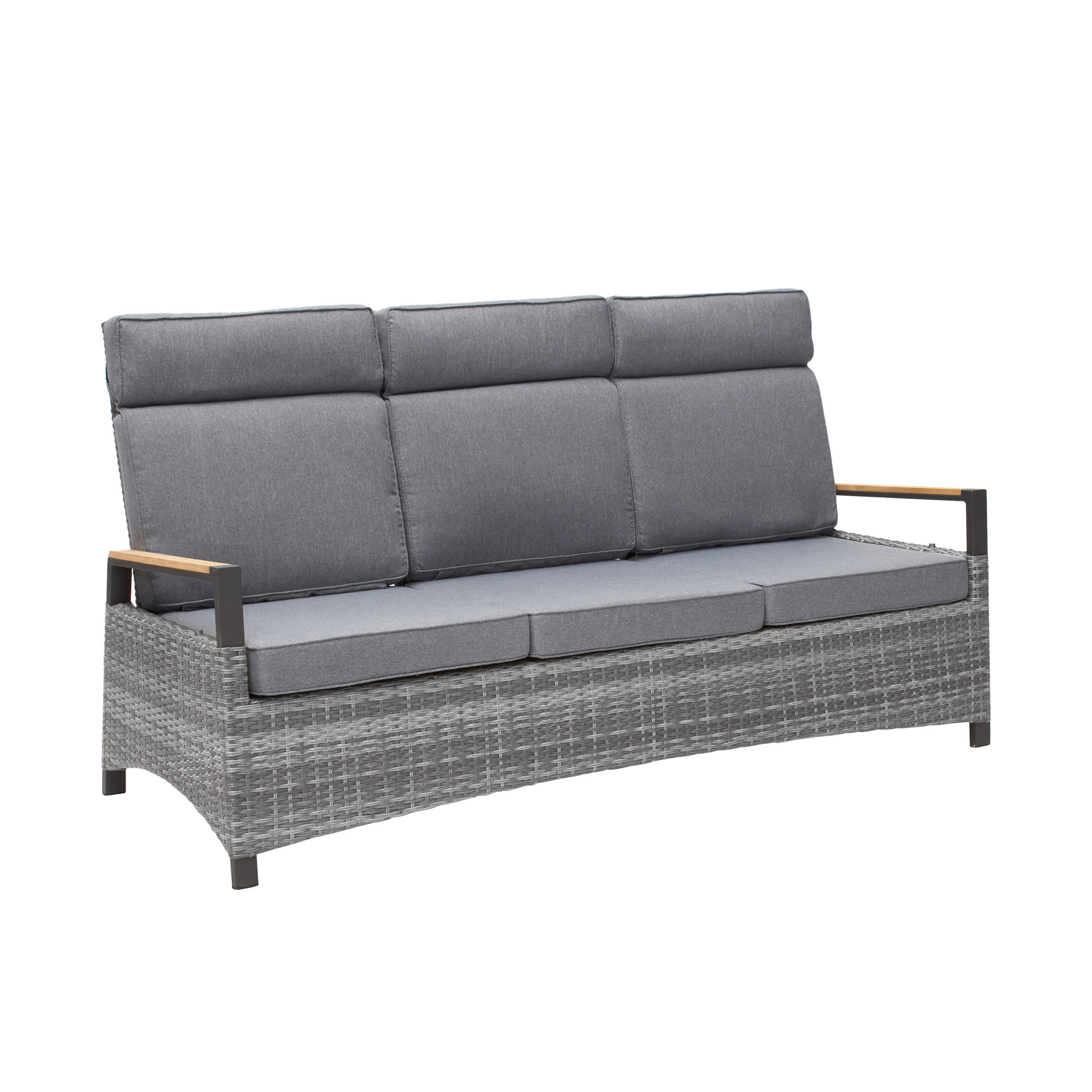 Gartensofa mit geflochtener Optik, Sitzfläche und drei Rückenpolstern in Vorderansicht vor weißem Hintergrund
