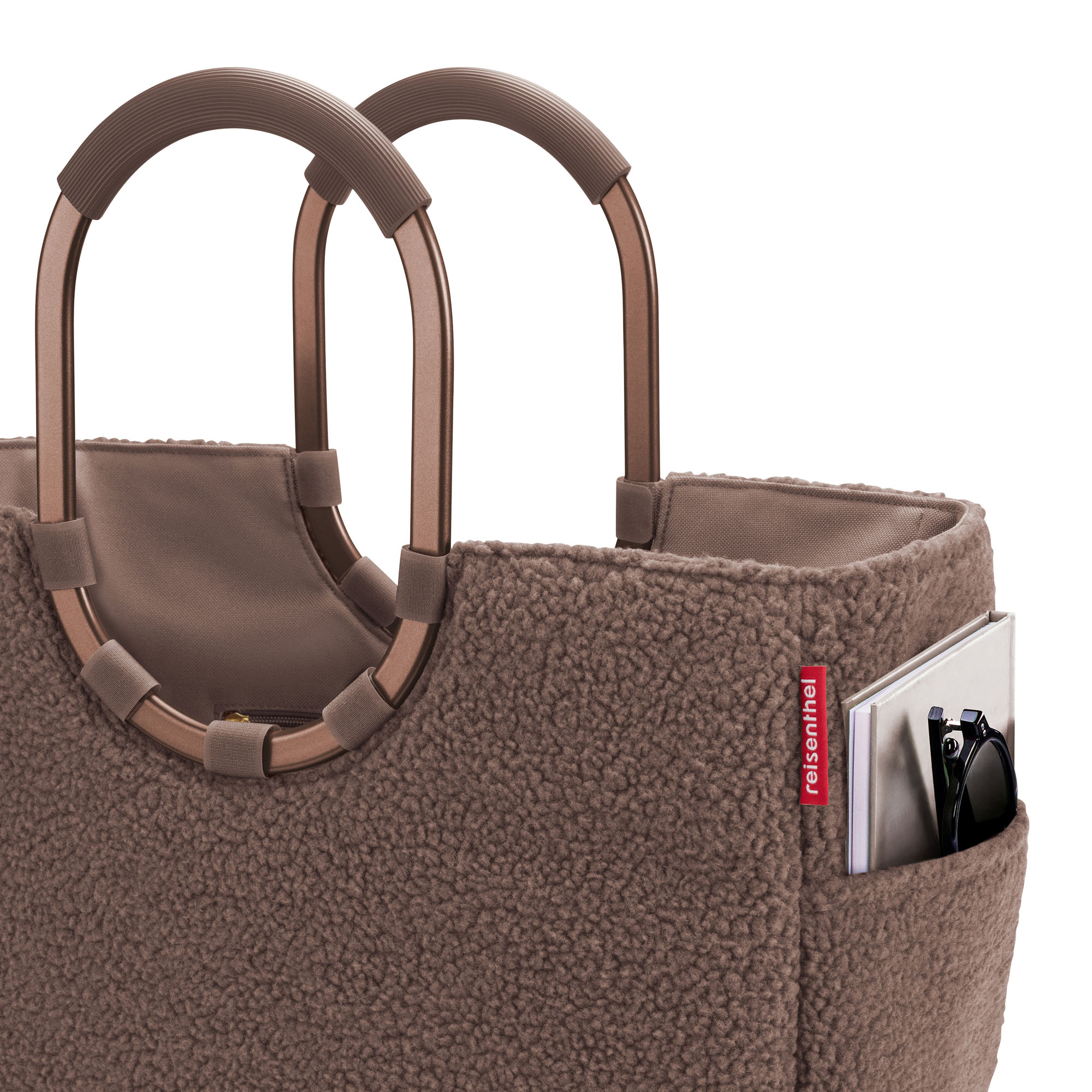 Shopper mit Ringgriffen von Reisenthel, Modell Loopshopper L, in Schokoladenbraun aus Teddyfleece, von oben mit Innenfach und Flaschenhalter