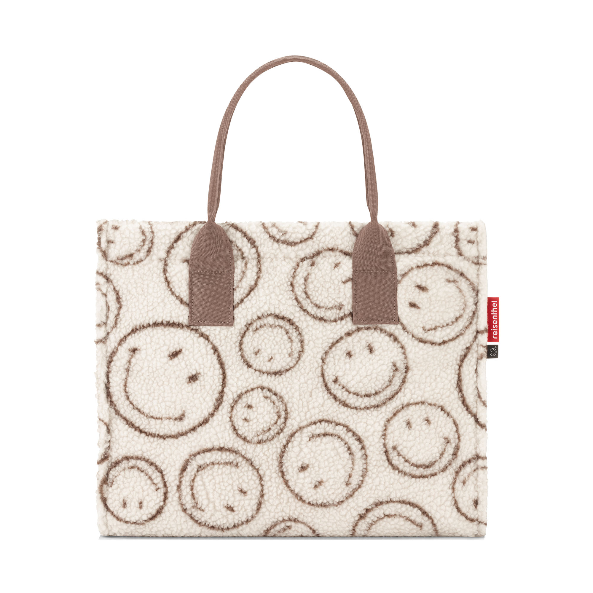 Shopper von Reisenthel, Modell Daily Shopper, in Creme und Braun mit Smiley-Muster aus Teddyfleece, von hinten mit zwei kurzen Tragegriffen