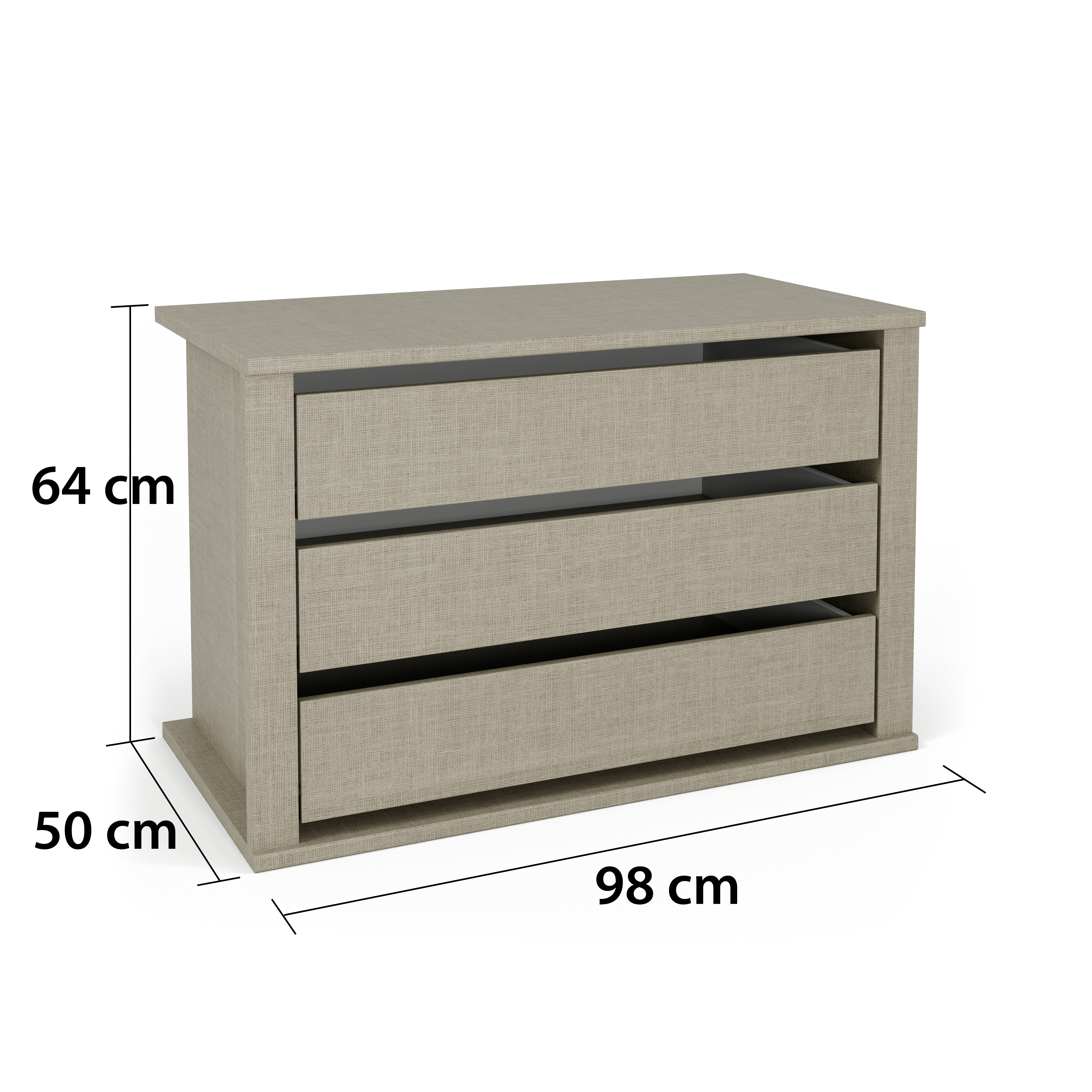 Eine braune Kommode mit drei Schubladen, daneben sind Maßangaben mit 64 cm Höhe, 50 cm Tiefe und 98 cm Breite angegeben