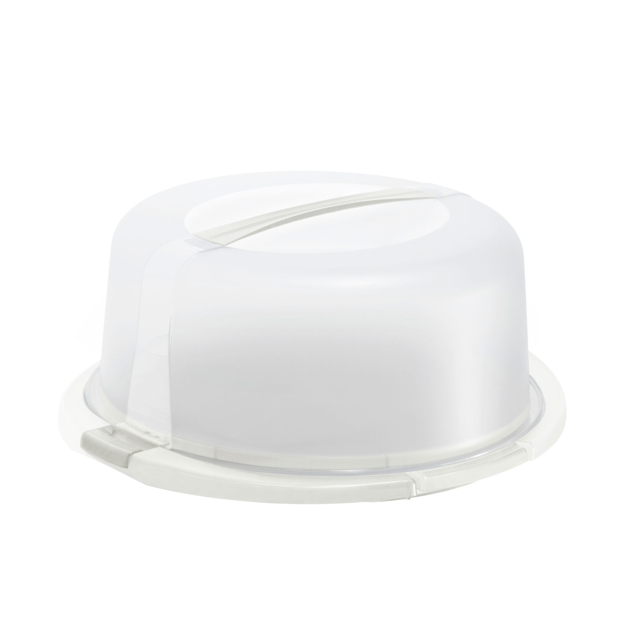 Transparente Kuchenhaube mit Griff auf rundem Unterteller