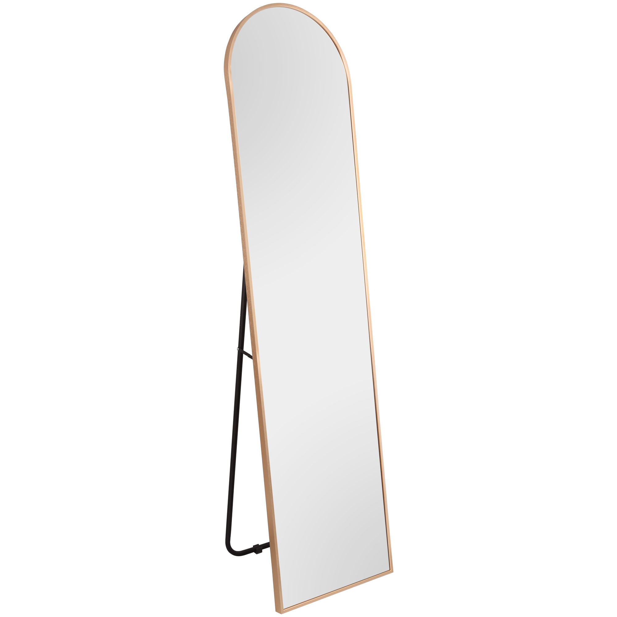 Standspiegel Britt in Gold, freigestellt in vollständiger Ansicht; zu sehen ist die hohe, schmale Form mit bogenförmig gerundetem oberen Abschluss und Standfuß; Maße ca. 40 x 160 x 4 cm.