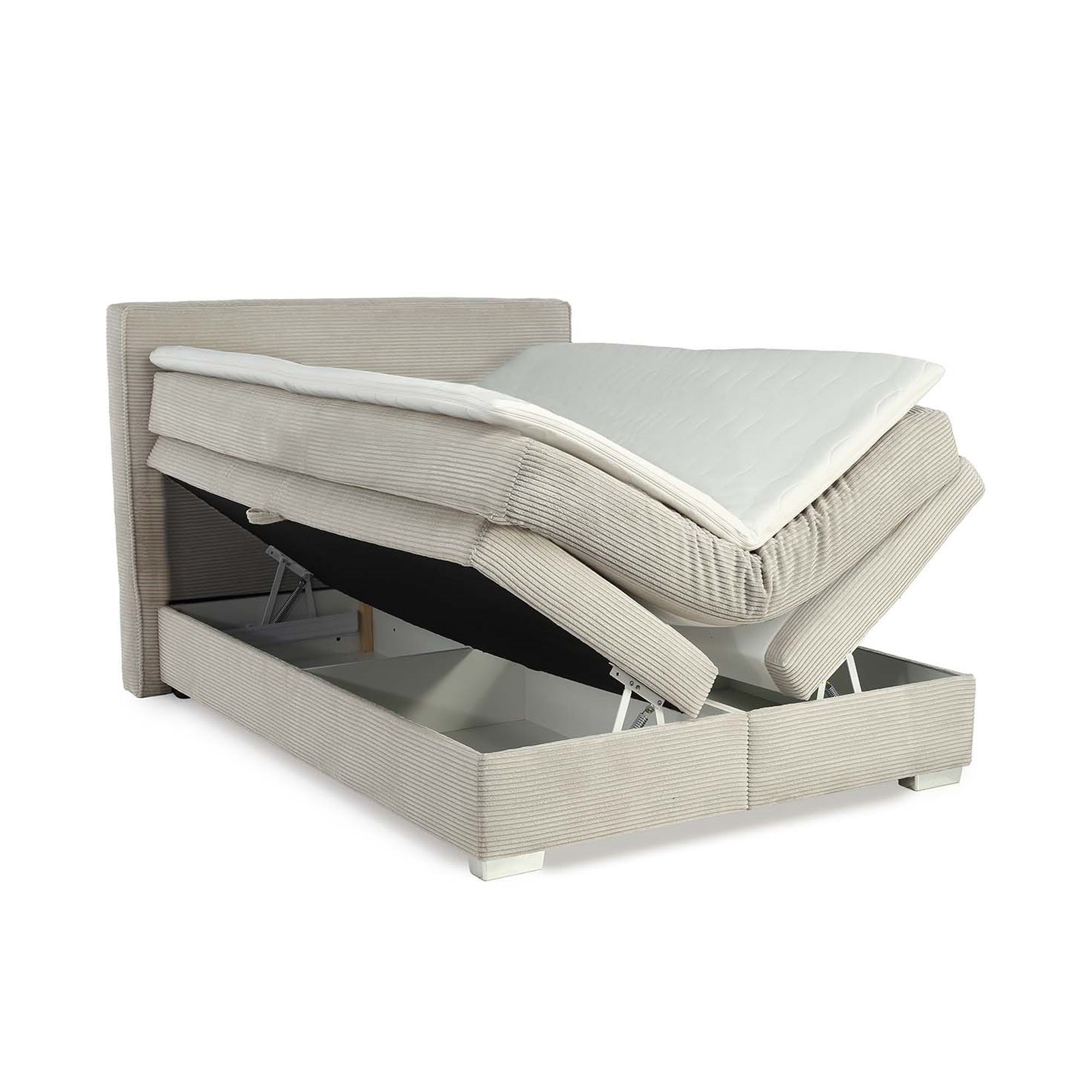 Boxspringbett mit Liegefläche 140×200 cm in Light Greige, gezeigt mit beiden Bettkästen hochgeklappt