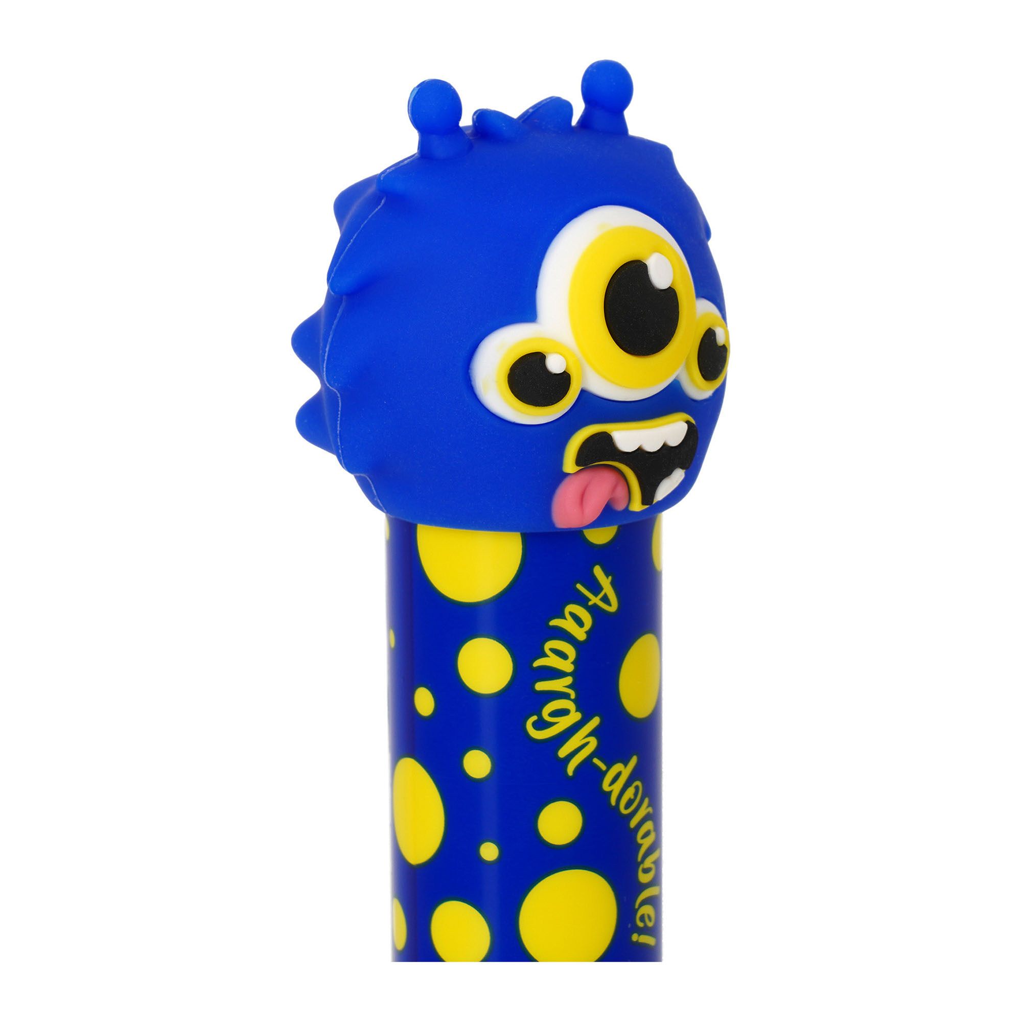 Blauer Klebestift mit Monster-Kappe, in Nahaufnahme mit der geformten Tierkappe dargestellt.