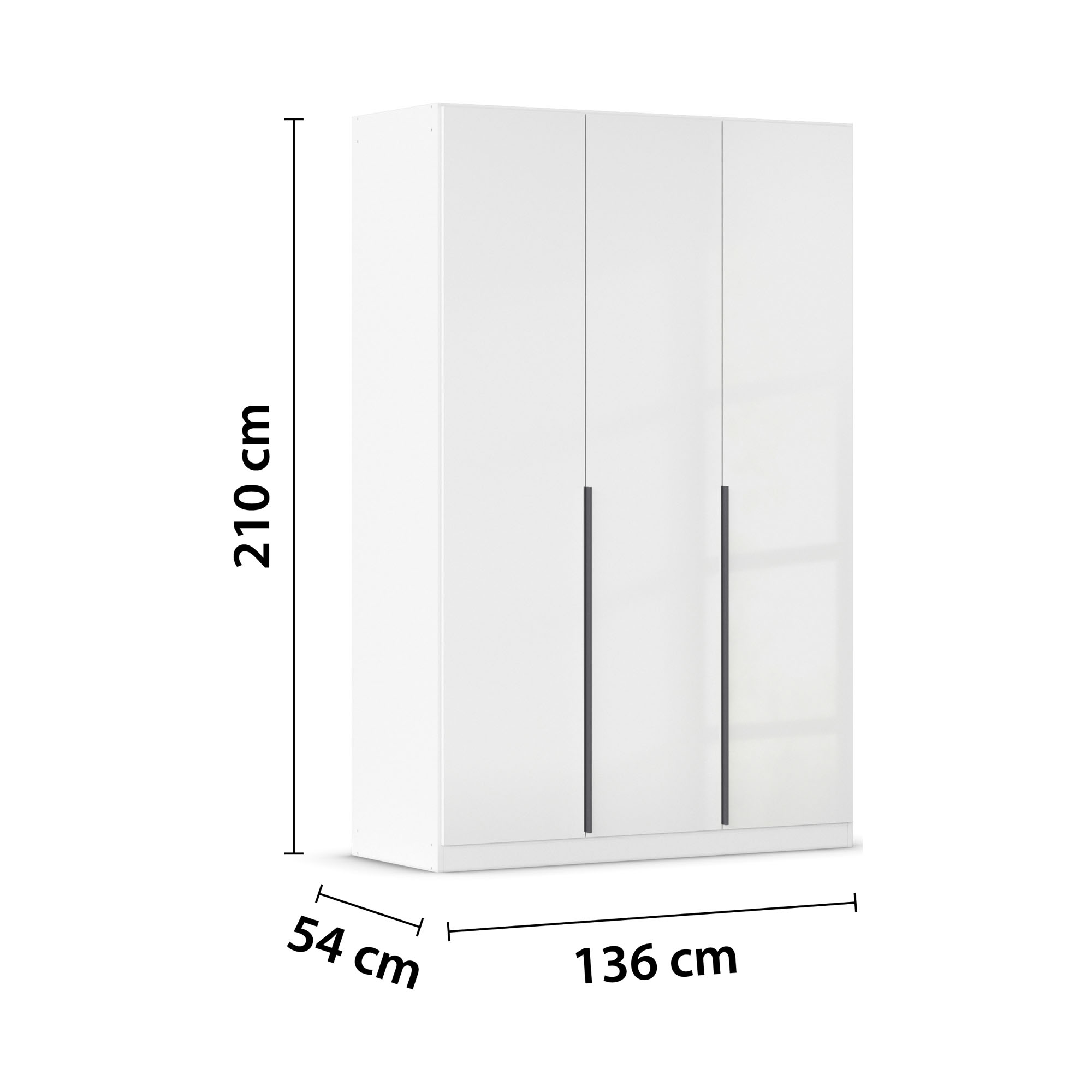 Weißer Hochglanz Drehtürenschrank mit drei Türen und Maßangaben 136 cm Breite, 210 cm Höhe und 54 cm Tiefe