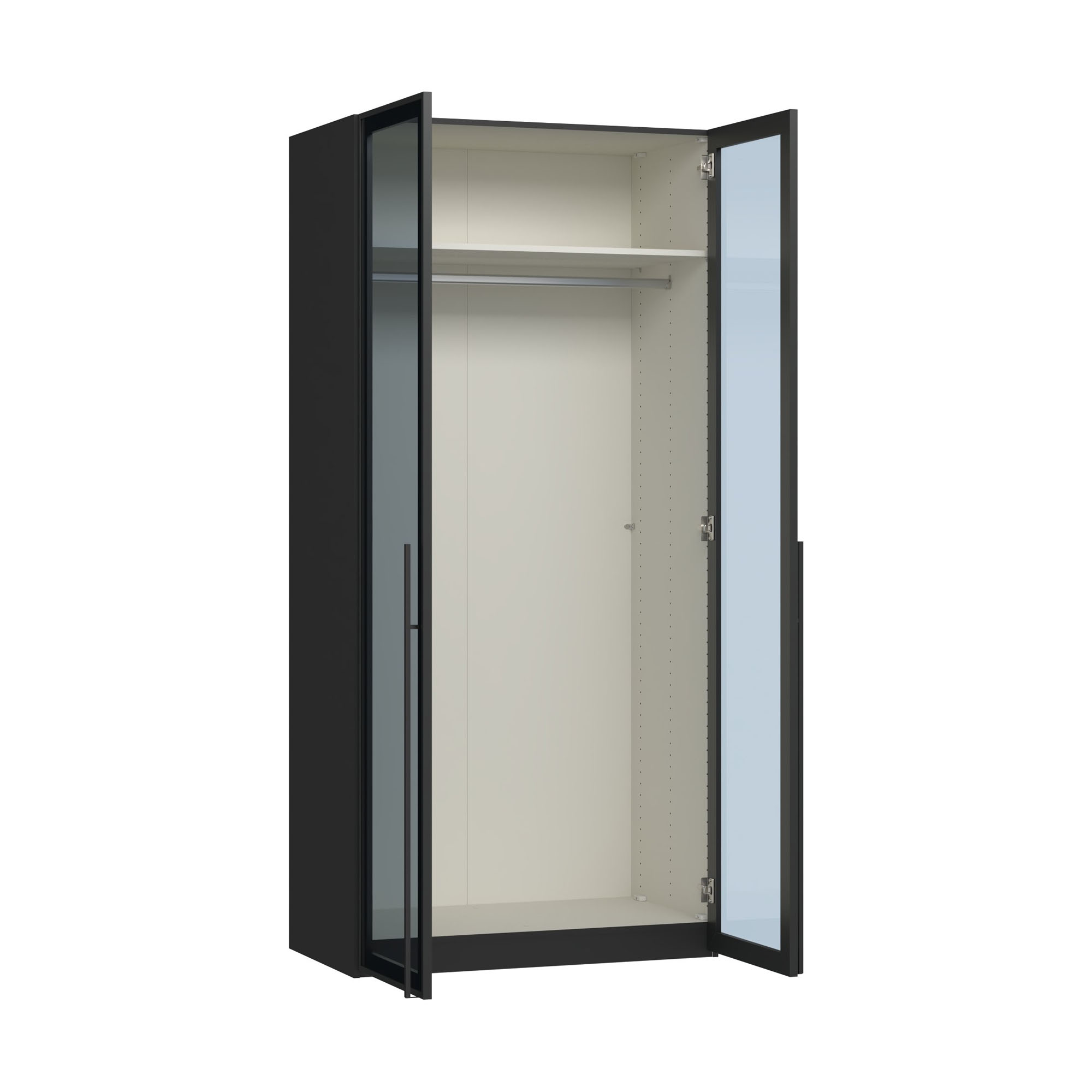 Drehtürenschrank mit geöffneter Glastür und Innenraum mit Kleiderstange