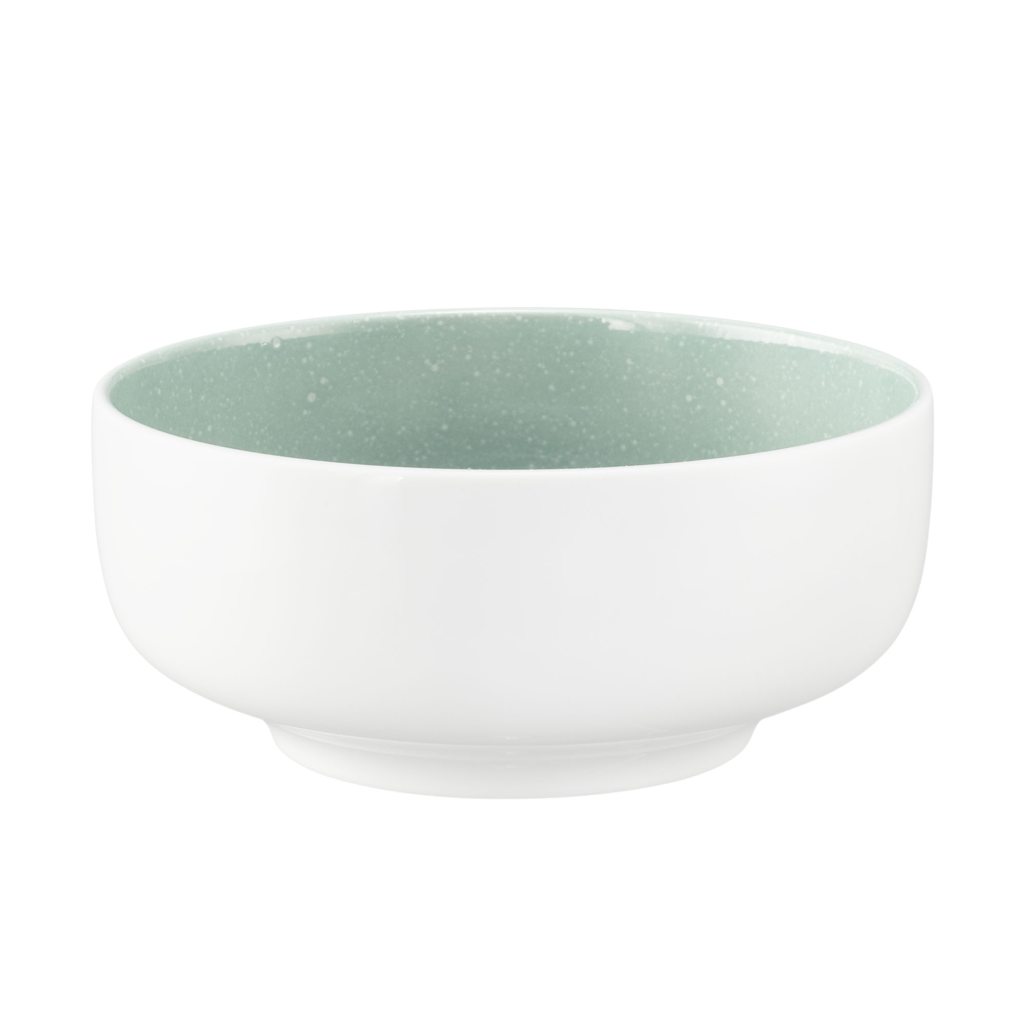 Schale in Weiß und Mint. Darstellung: schräge Ansicht von vorn. Merkmale: runde Form mit weißer Außenseite und mintfarben gesprenkeltem Innenraum.