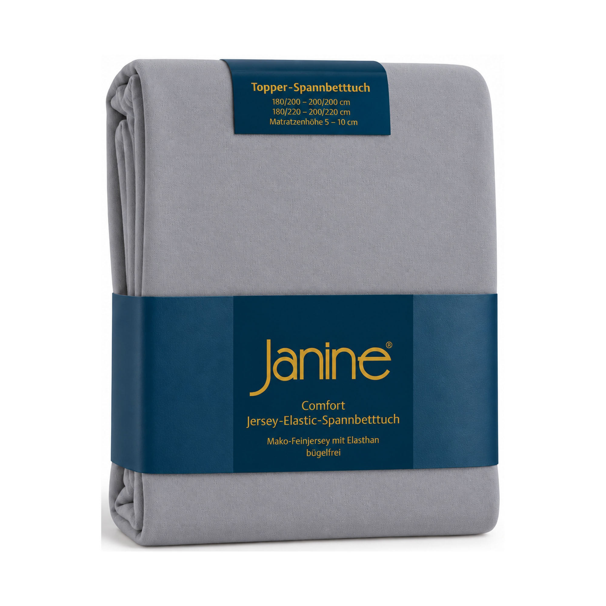 Gefaltetes Janine Topper-Spannbetttuch 5001 in Opalgrau mit dunkelblauer Banderole, freigestellt auf weißem Hintergrund.