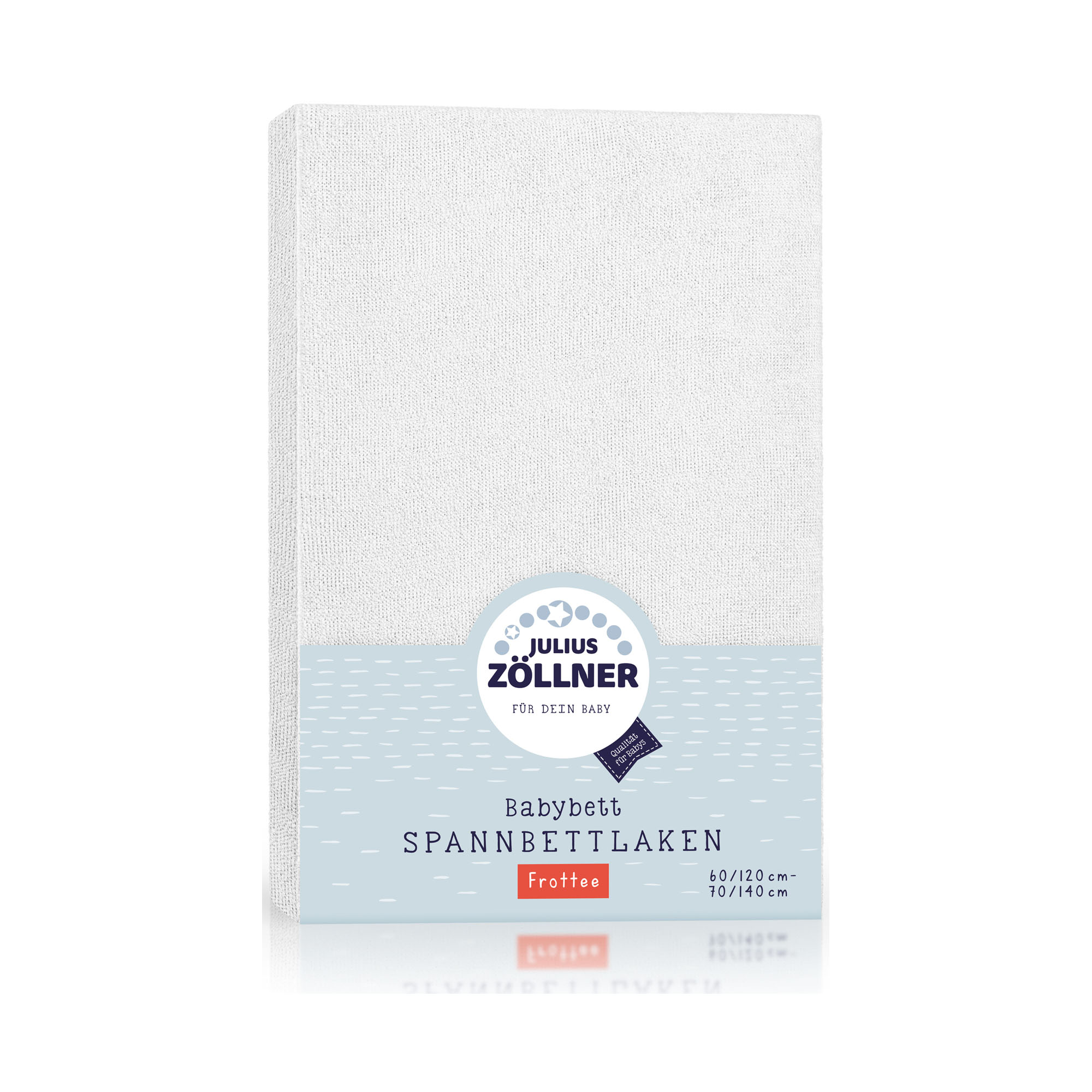 Verpacktes weißes Spannbettlaken für Babybetten von Julius Zöllner mit hellblauer Banderole und Produktangaben auf der Vorderseite