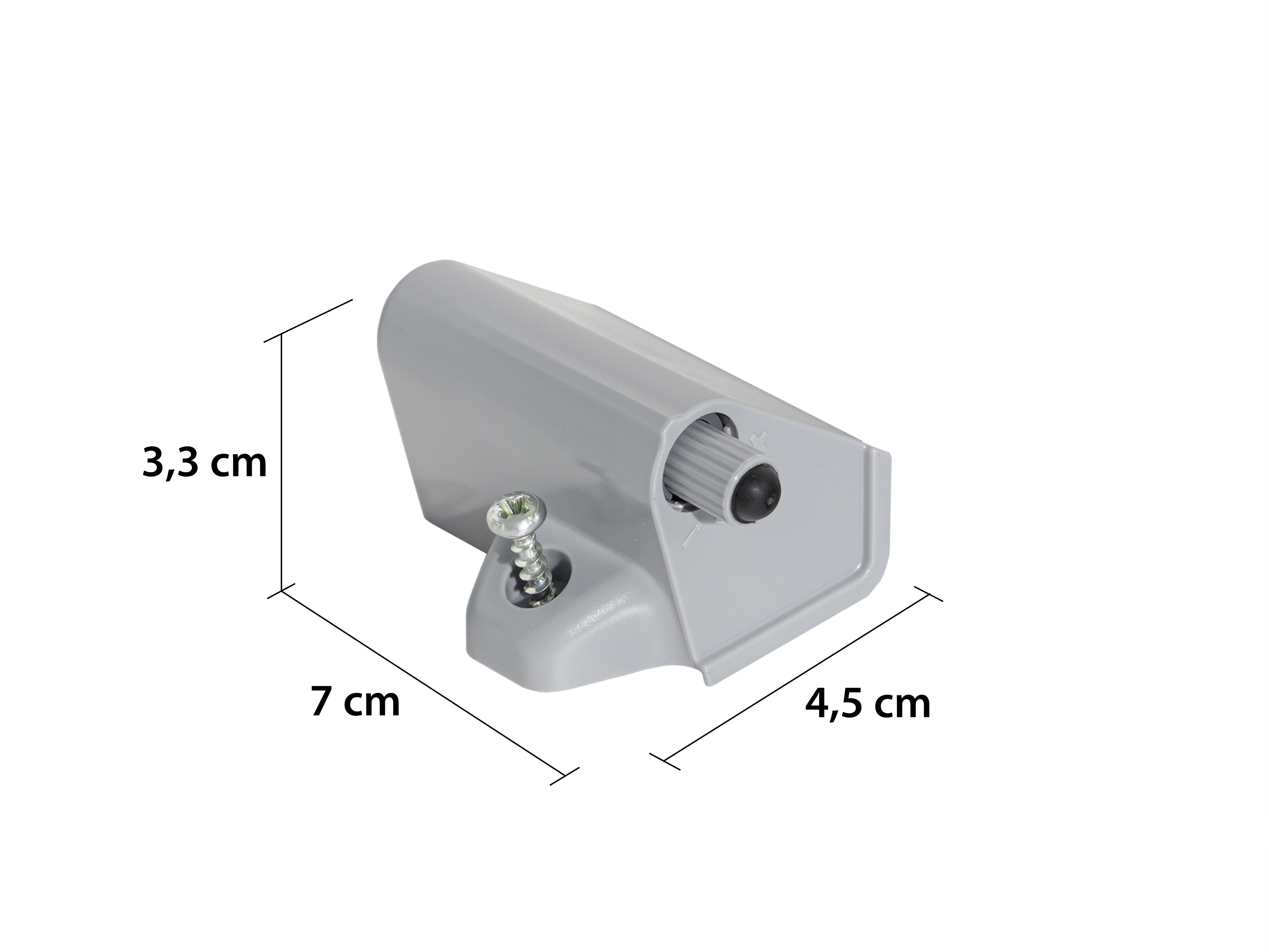 Grauer Drehtürendämpfer mit Schraube, daneben Maßangaben 7 cm Länge, 4,5 cm Tiefe und 3,3 cm Höhe