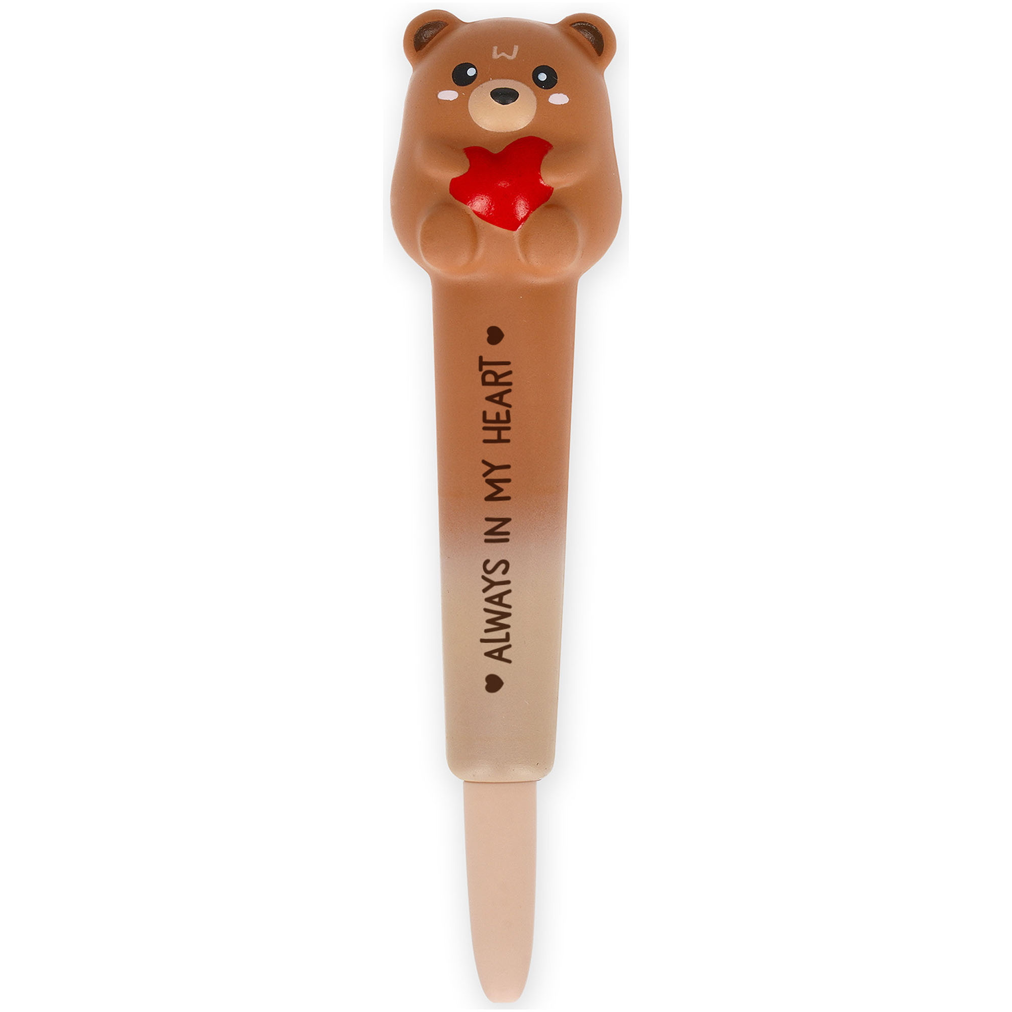 Brauner Gelstift mit Teddybär-Aufsatz, vollständig und senkrecht auf weißem Hintergrund gezeigt.