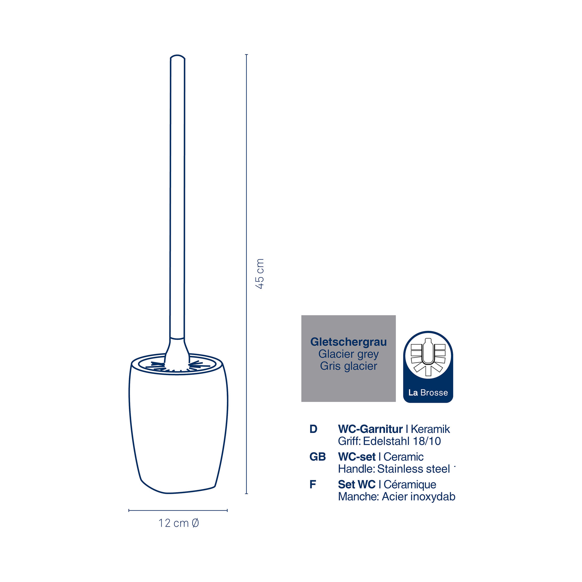 Schematische Darstellung der WC Garnitur mit Angaben zu Abmessungen Material und Ausführung