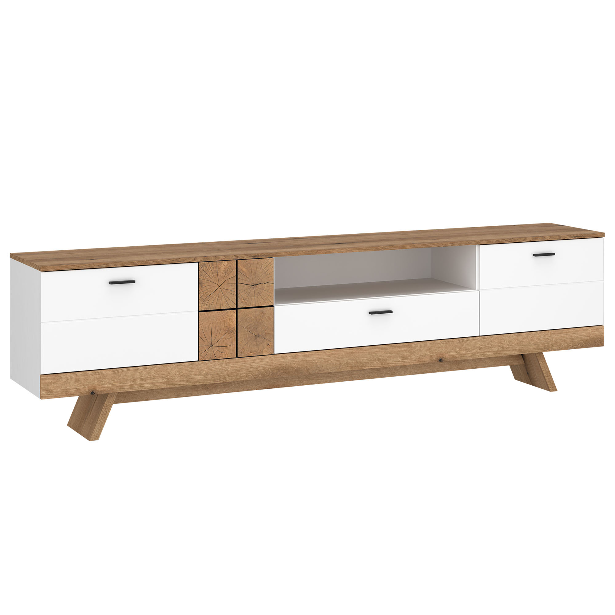 Modernes TV-Lowboard mit Schubladen, Klappenfächern und offenem Gerätefach in Weiß und Holzoptik