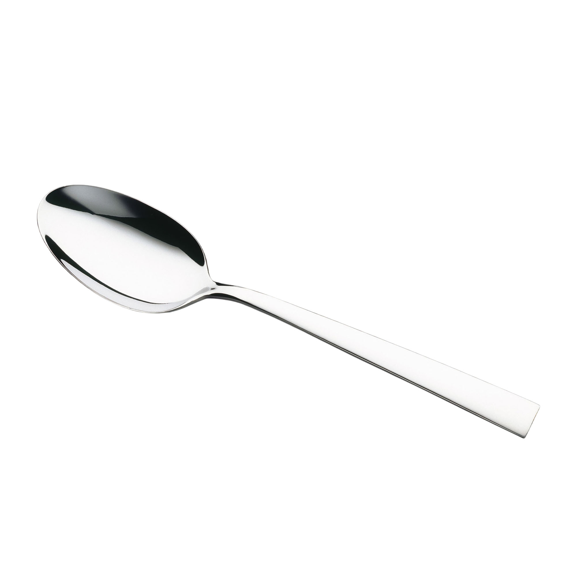 Menülöffel Fusion: polierter Fusion Menülöffel aus Edelstahl mit ovaler Laffe und geradlinigem Griff, diagonal freigestellt.