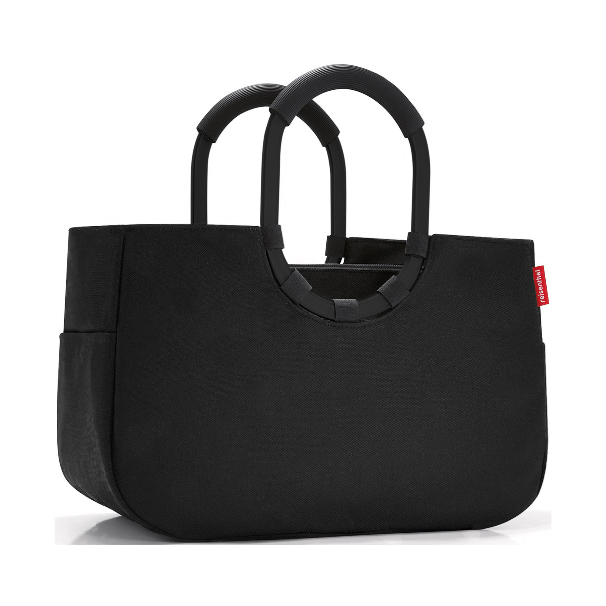 Shopper von Reisenthel, Modell Loopshopper M, in Schwarz mit schwarzen Rahmendetails, frontal mit zwei ovalen Ringgriffen.