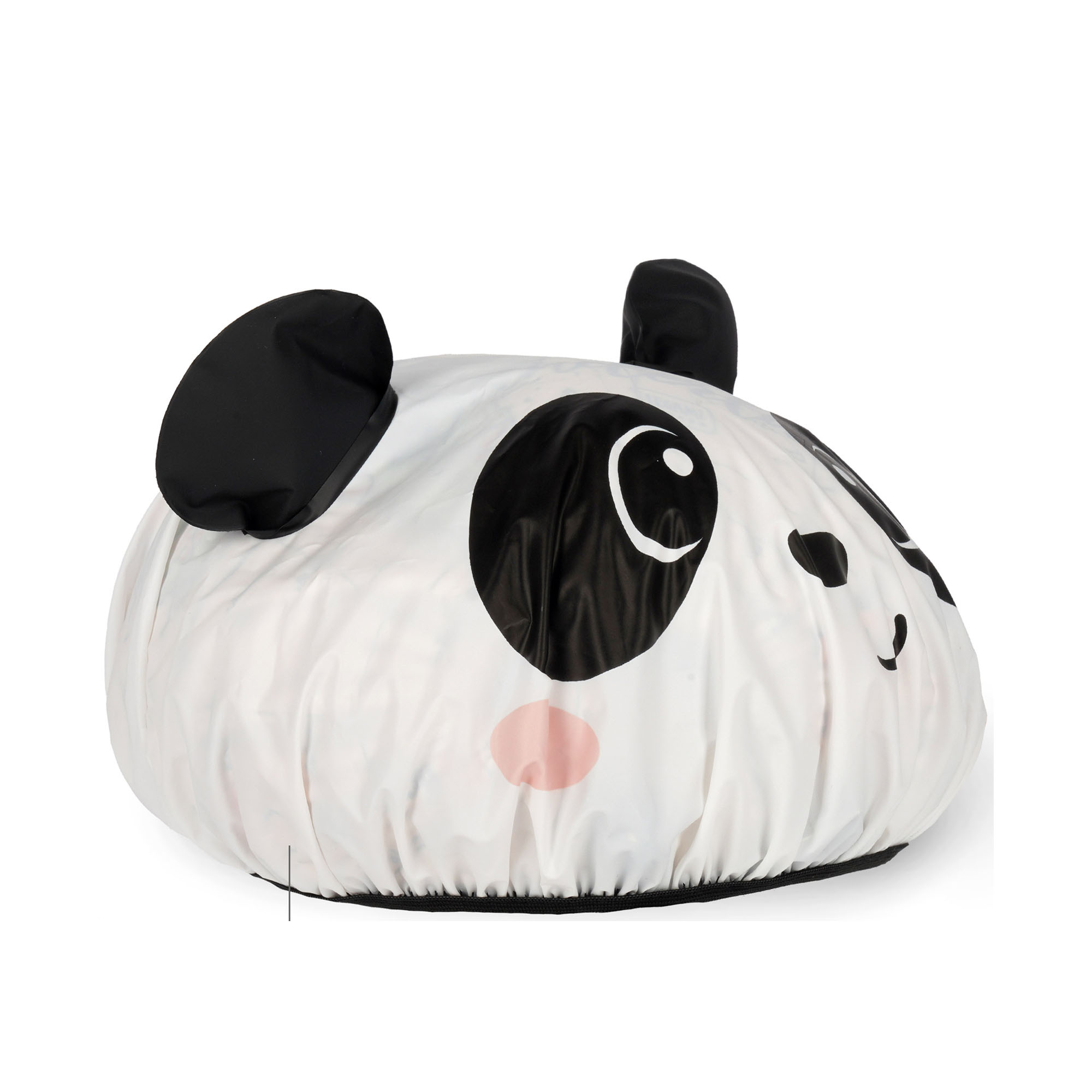 Weiße Duschhaube im Panda-Design, schräg von der Seite mit elastischem Rand gezeigt.