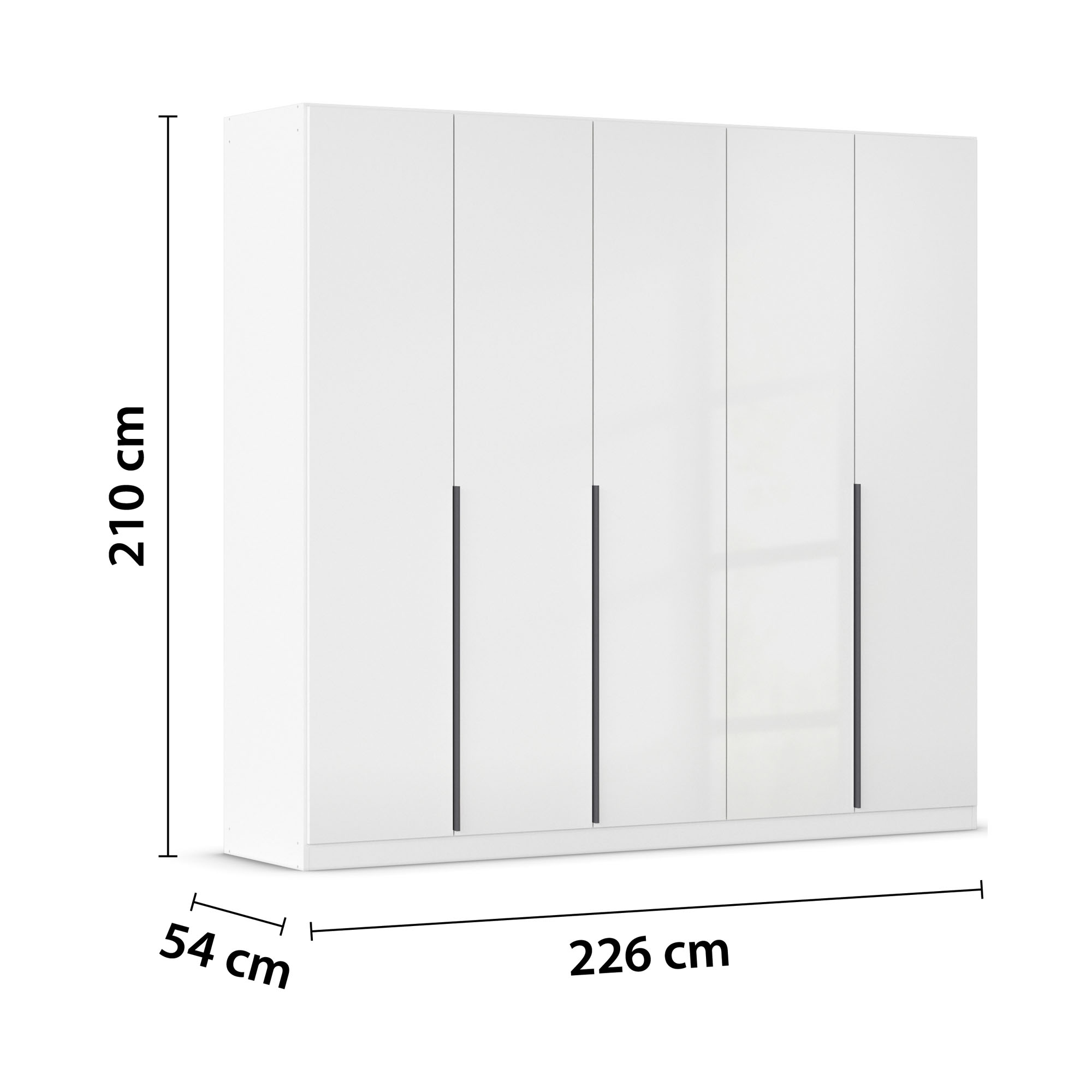 Weißer Hochglanz Drehtürenschrank mit fünf Türen und Maßangaben 226 cm Breite, 210 cm Höhe und 54 cm Tiefe